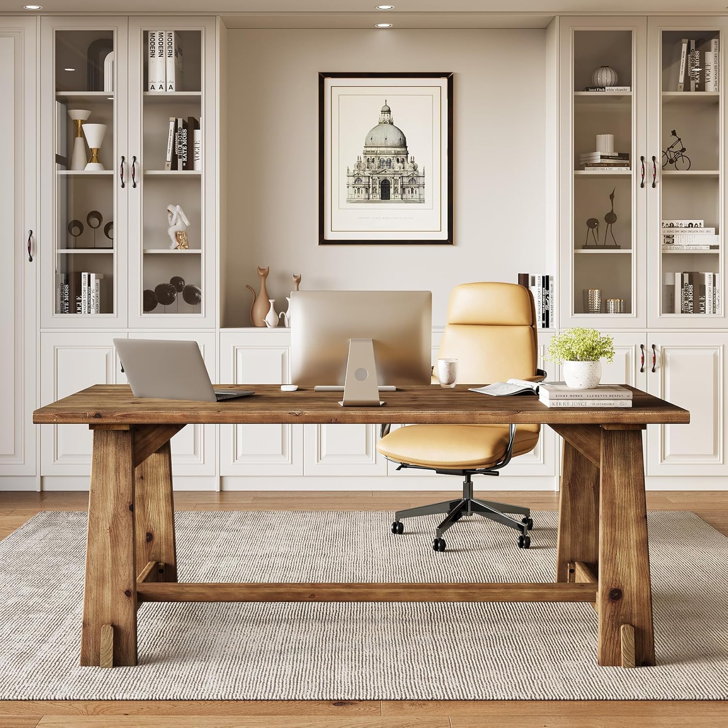LITTLE TREE 63" Solid Wood Office Desk, Farmhouse Executive Computer Desk, Large Work Writing Table, Rustic Brown Home Office Workstaticon, Business Furniture