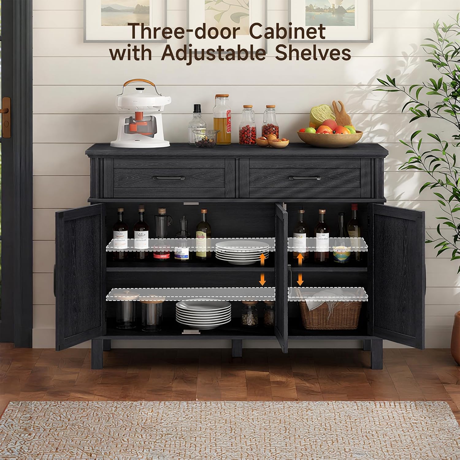 48 Inches Sideboard Buffet Cabinet with Storage, Farmhouse Sideboard Buffet w/2 Drawers and 3 Doors, Kitchen Cabinet with Adjustable Shelf, Wood Kitchen Console Table for Living Room, Hallway, Black