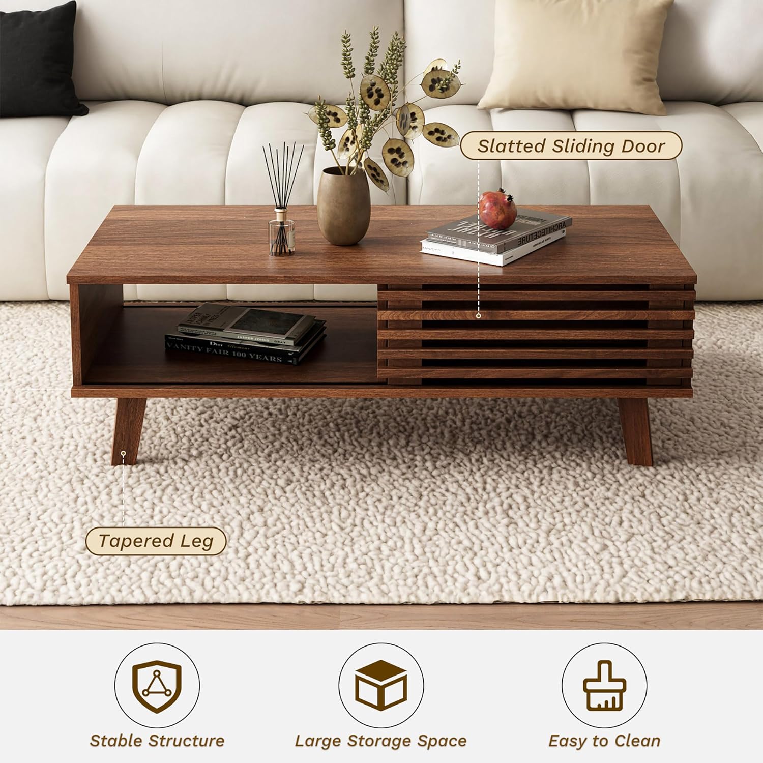 MAISONARIA Mid Century Coffee Table with Storage & Sliding Fence Door, Modern Coffee Tables for Living Room, Walnut Finish