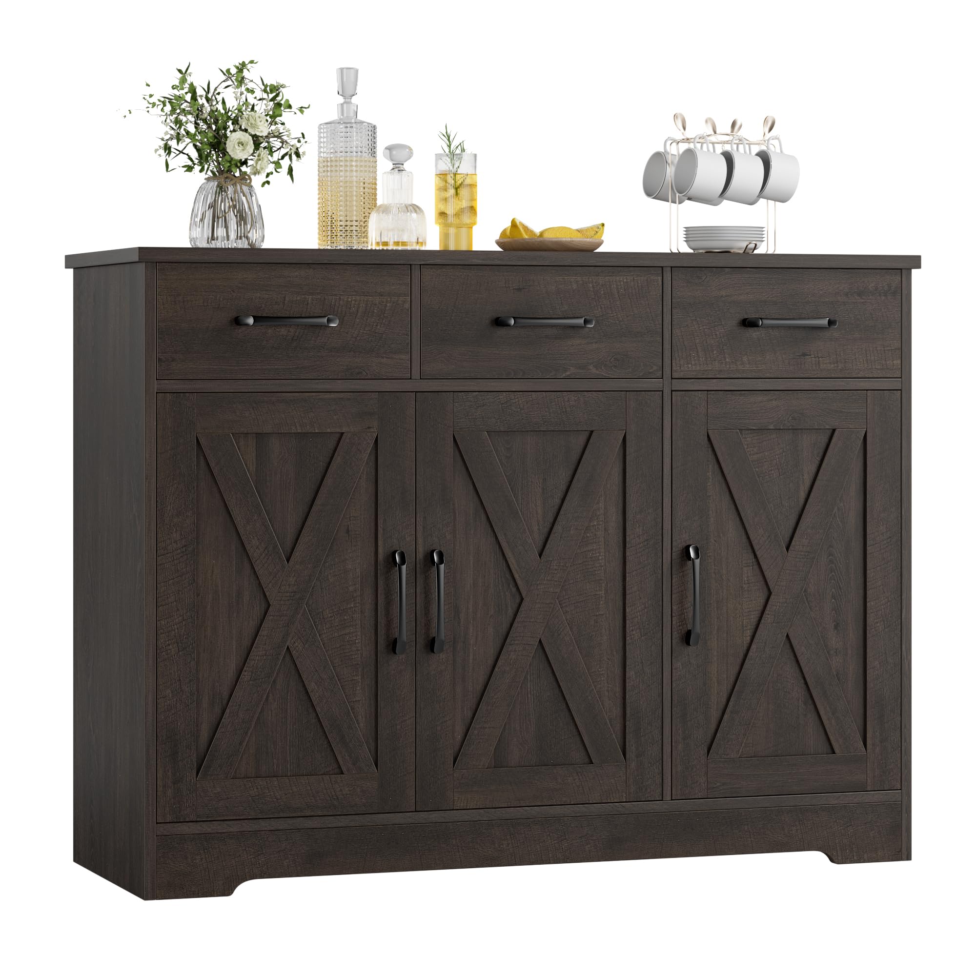 HOSTACK Modern Farmhouse Sideboard Buffet Cabinet, Barn Doors Buffet Storage Cabinet with Drawers and Shelves, Wood Coffee Bar with Storage for Kitchen, Dining Room, Living Room, White