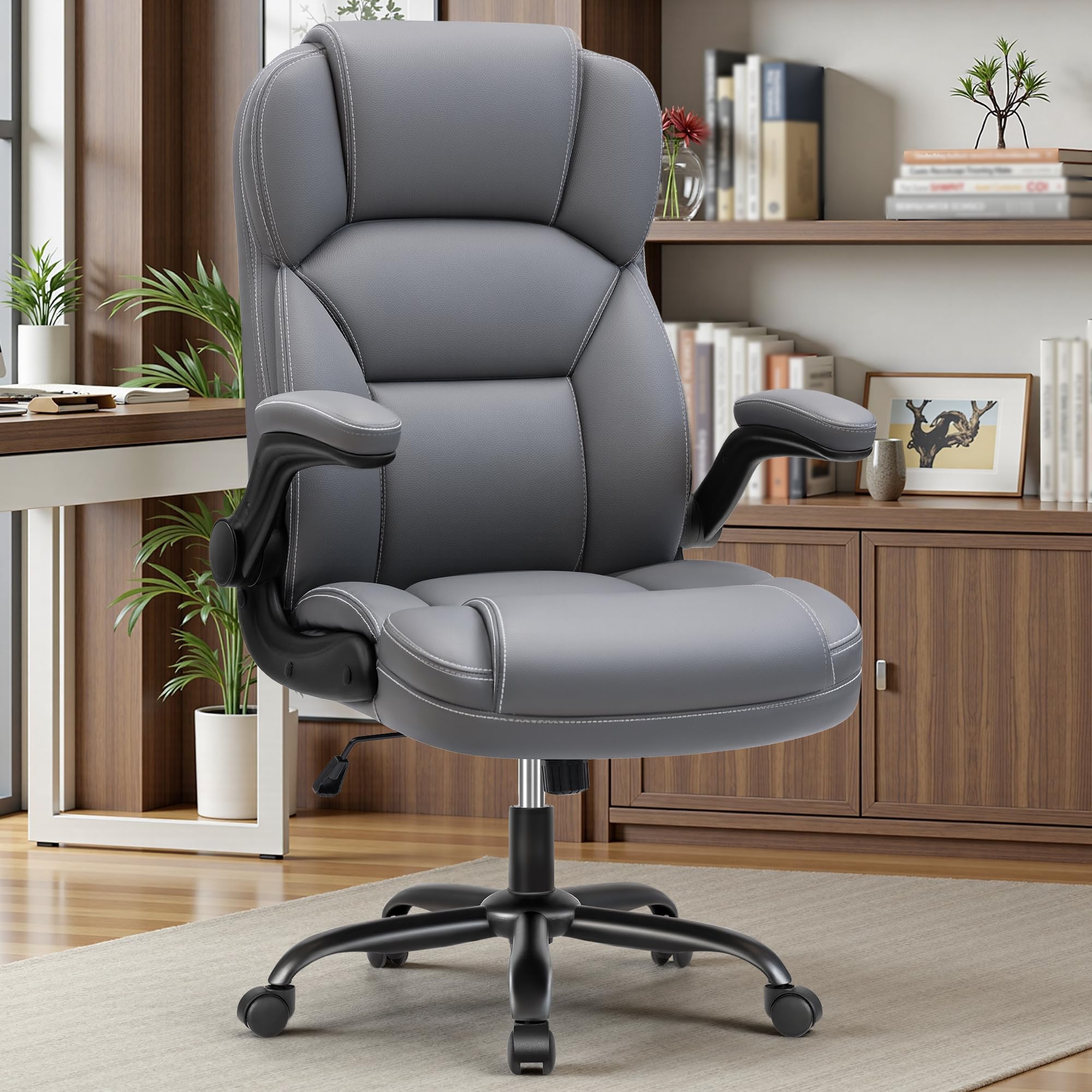 PU Leather Office Chair, Ergonomic High-Back Desk Computer & Gaming Chair with Adjustable Height, Rolling Swivel & Flip-Up Armrests, Comfy Padded Seat for Home Office-Black