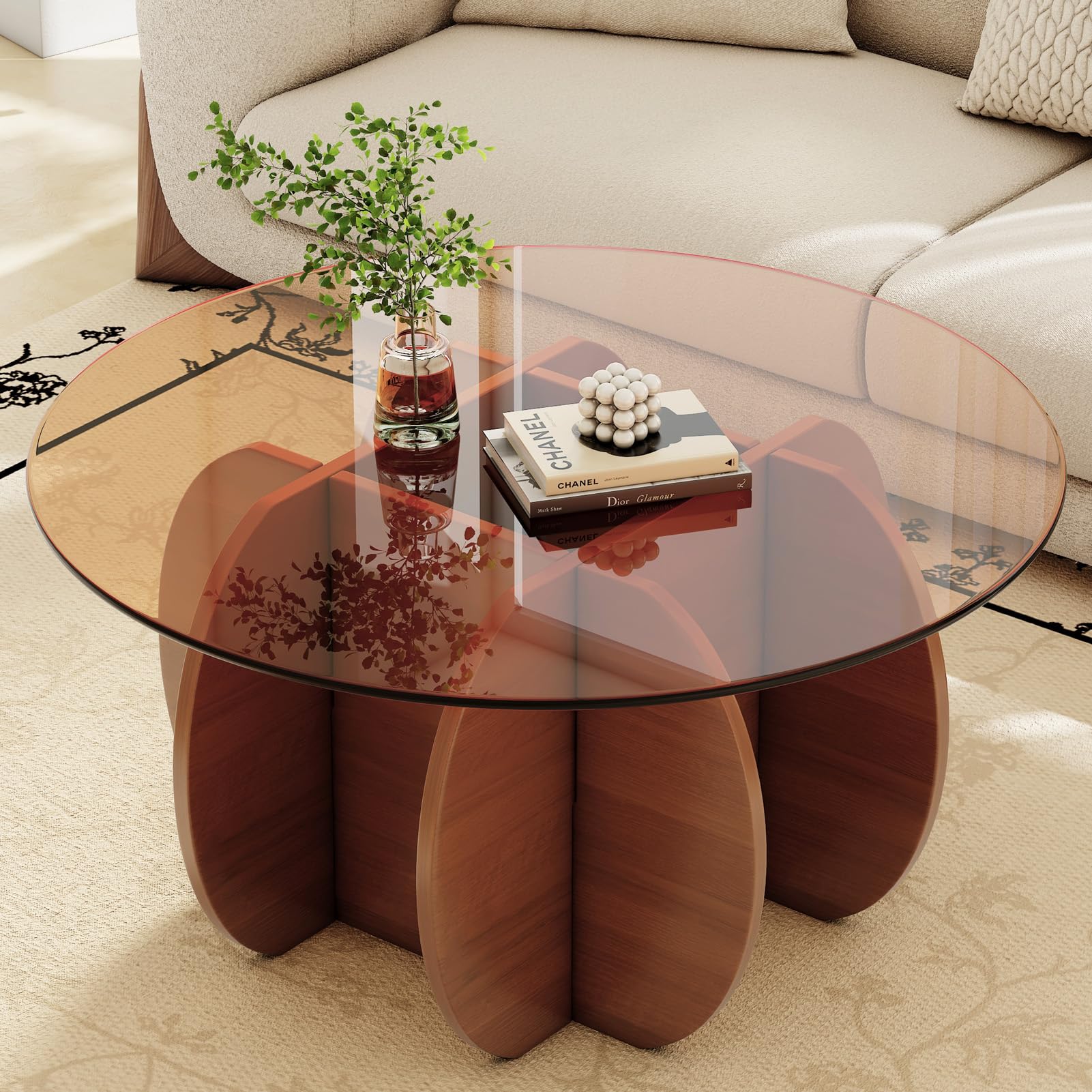 Coffee Table for Living Room Mid Century Modern Center Table with Glass Top and Wood, 36 Inch, Brown/Walnut