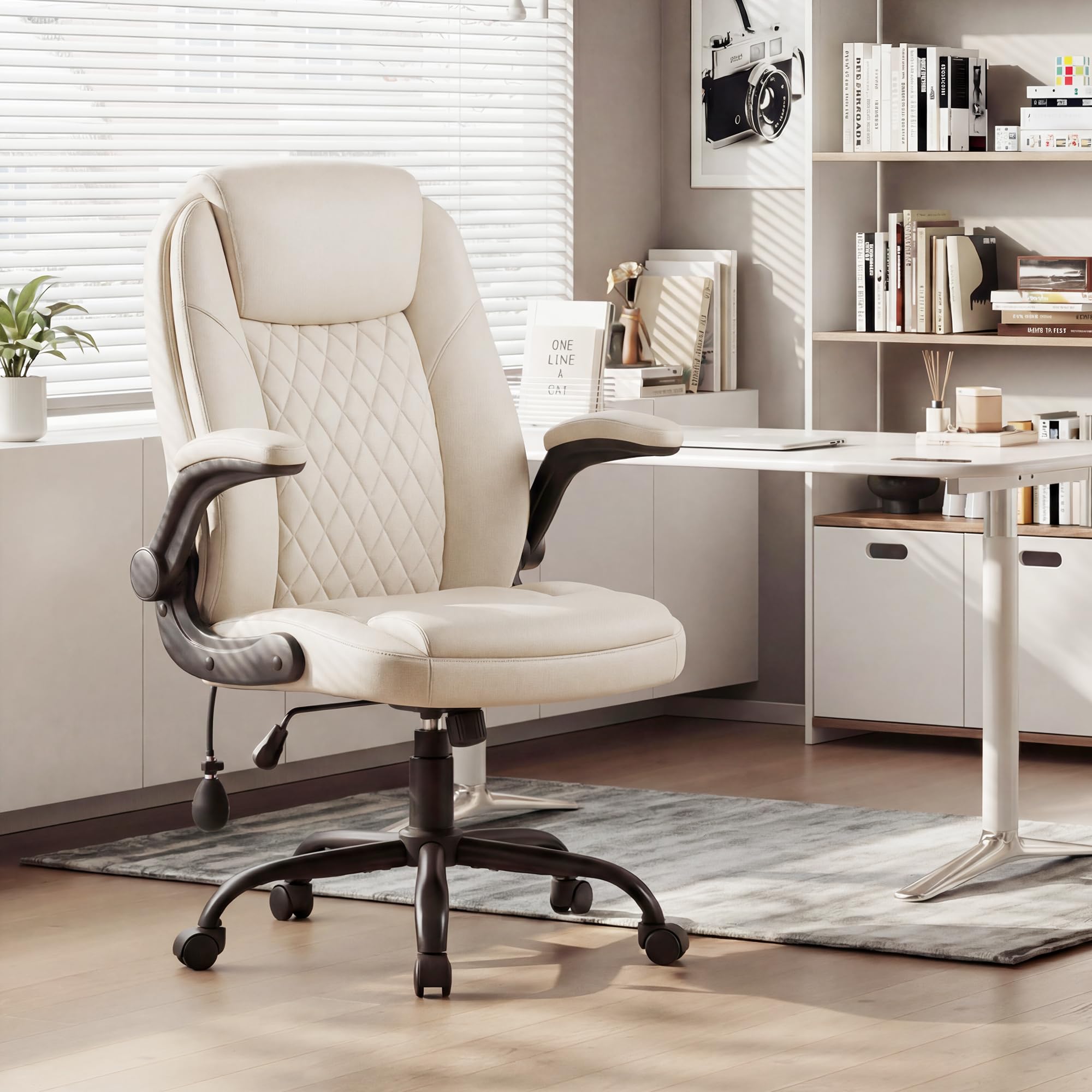 MALOL Leather Office Chair, Computer Desk Chair with Adjustable Lumbar Support, Thick Cushion, Flip-Up Arms and Ergonomic Back, Comfy Executive Office Chair for Home Office Gaming,Black