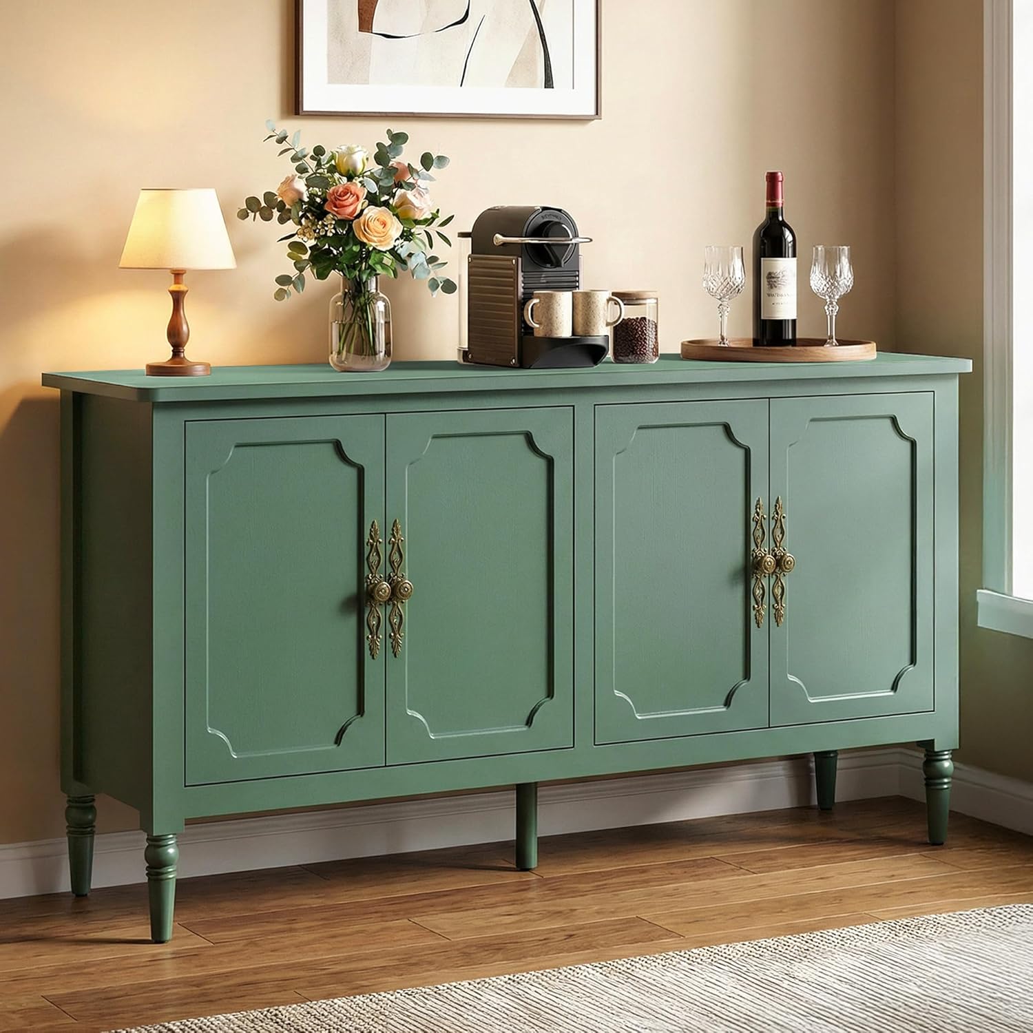 RoyalCraft Buffet Cabinet with Storage, 59" Vintage Sideboard with Adjustable Shelves, Mid Century Modern Painted Credenza Coffee Bar for Kitchen, Dining Room, Entryway, Living Room, Forest Green