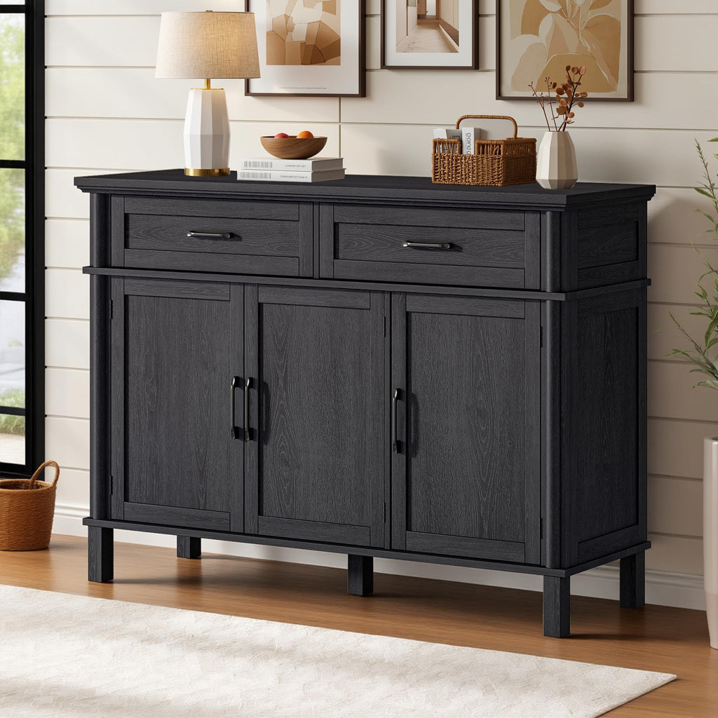 48 Inches Sideboard Buffet Cabinet with Storage, Farmhouse Sideboard Buffet w/2 Drawers and 3 Doors, Kitchen Cabinet with Adjustable Shelf, Wood Kitchen Console Table for Living Room, Hallway, Black