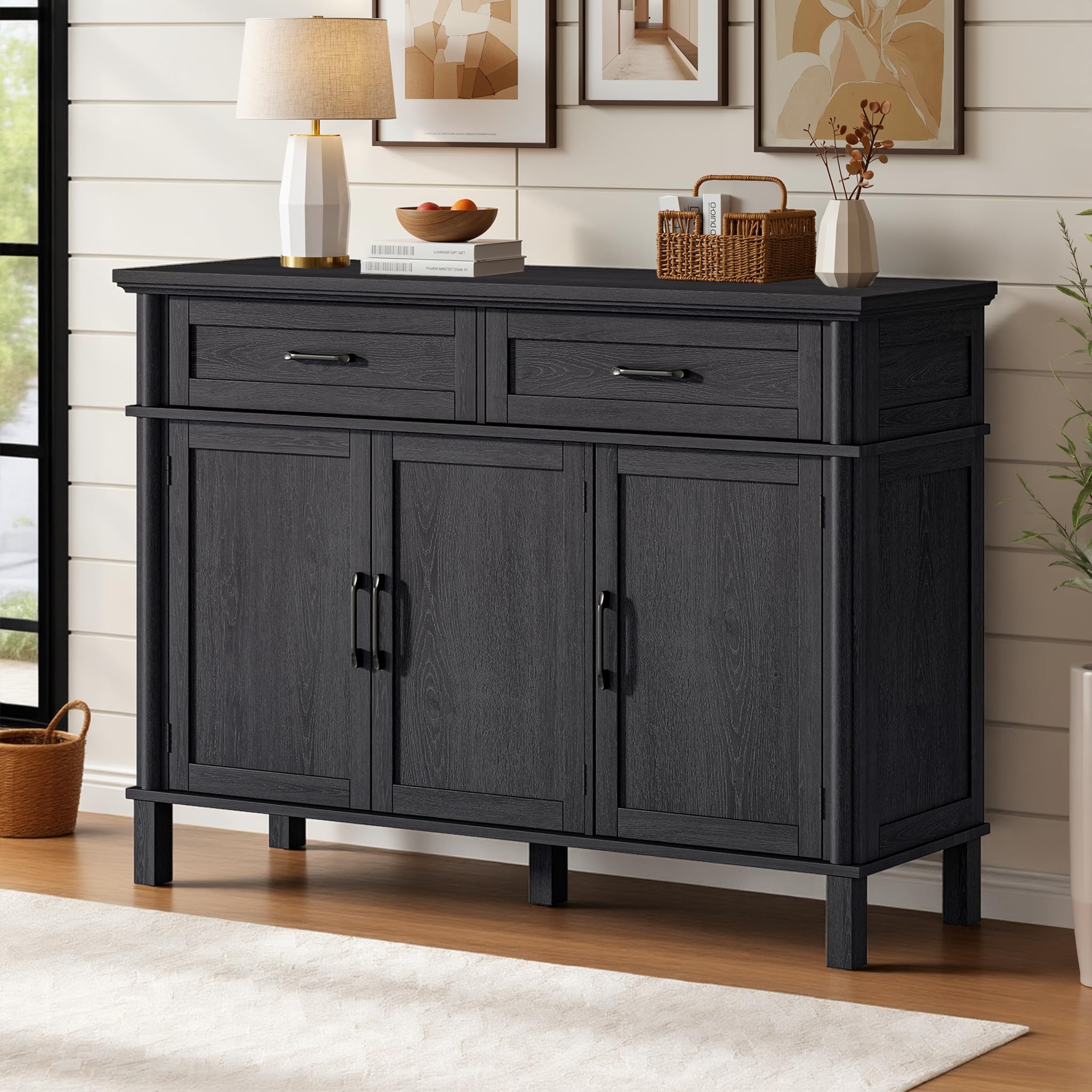 48 Inches Sideboard Buffet Cabinet with Storage, Farmhouse Sideboard Buffet w/2 Drawers and 3 Doors, Kitchen Cabinet with Adjustable Shelf, Wood Kitchen Console Table for Living Room, Hallway, Black