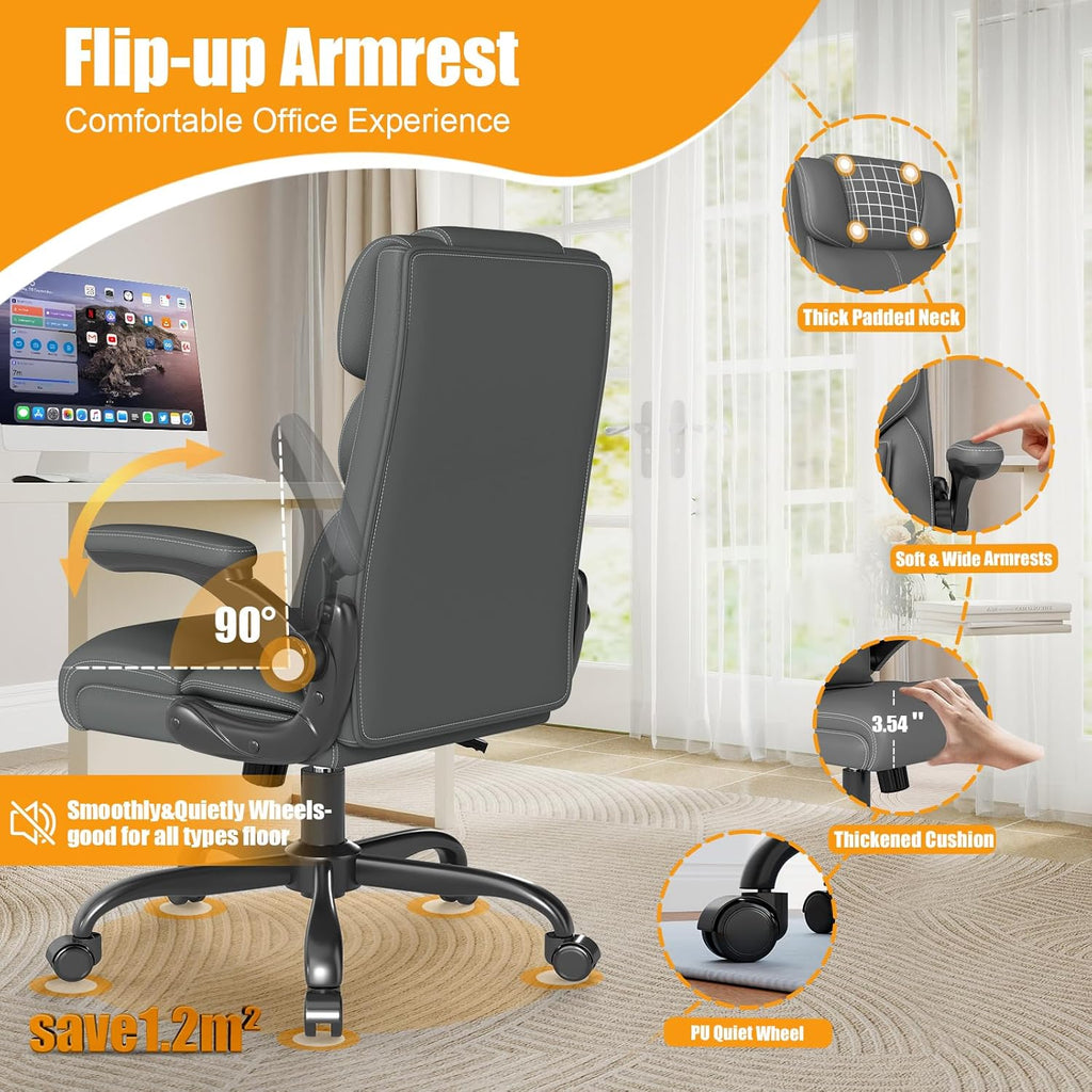 Executive Office Chair with Flip-up Armrests,Ergonomic Computer Desk Chairs,Mid-Tall Back Leather Office Chair,Lumbar Support Swivel PC Chair with Rocking Function