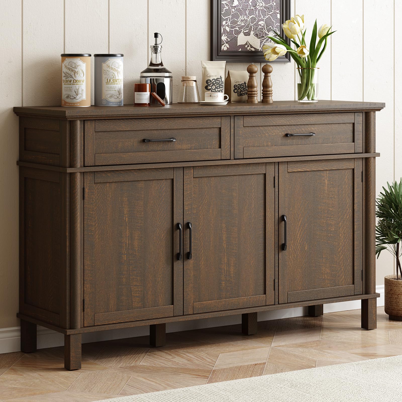 48" Off White Farmhouse Sideboard Buffet Cabinet with 2 Drawers, 3 Doors & Adjustable Shelves, Wood Storage Coffee Bar for Kitchen Living Room