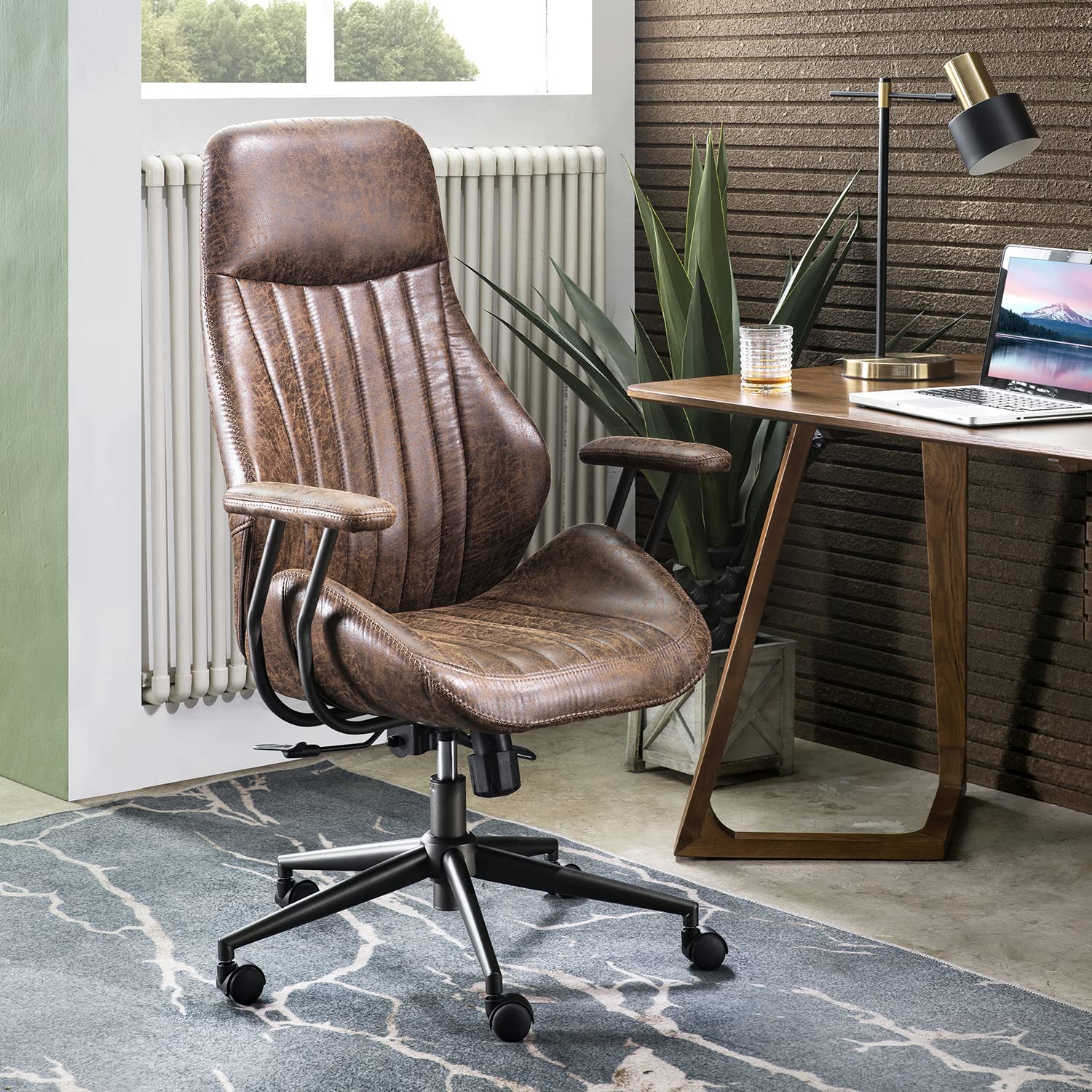 ovios Ergonomic Office Chair, Mid Back Faux Leather Executive Chairs with Armrests, Comfy Mid-Century Modern Swivel Rolling Computer Armchair (Brown, Suede Leather)