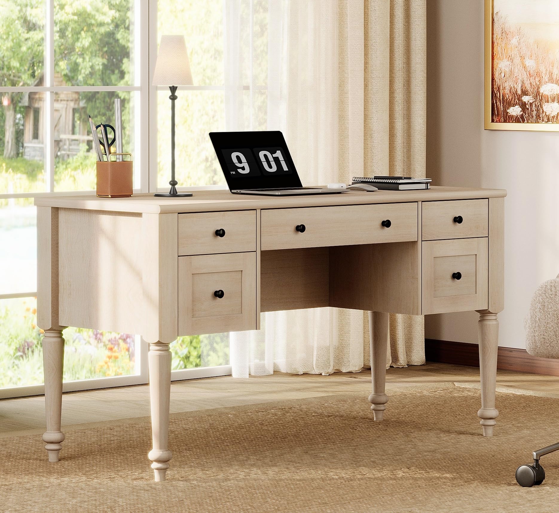WAMAPT Farmhouse Executive Desk with Drawers, Vintage Writing Desk with Charging Station, Home Office Desk with Storage Cabinet & Open Shelf for Study, 56 Inch, Oak