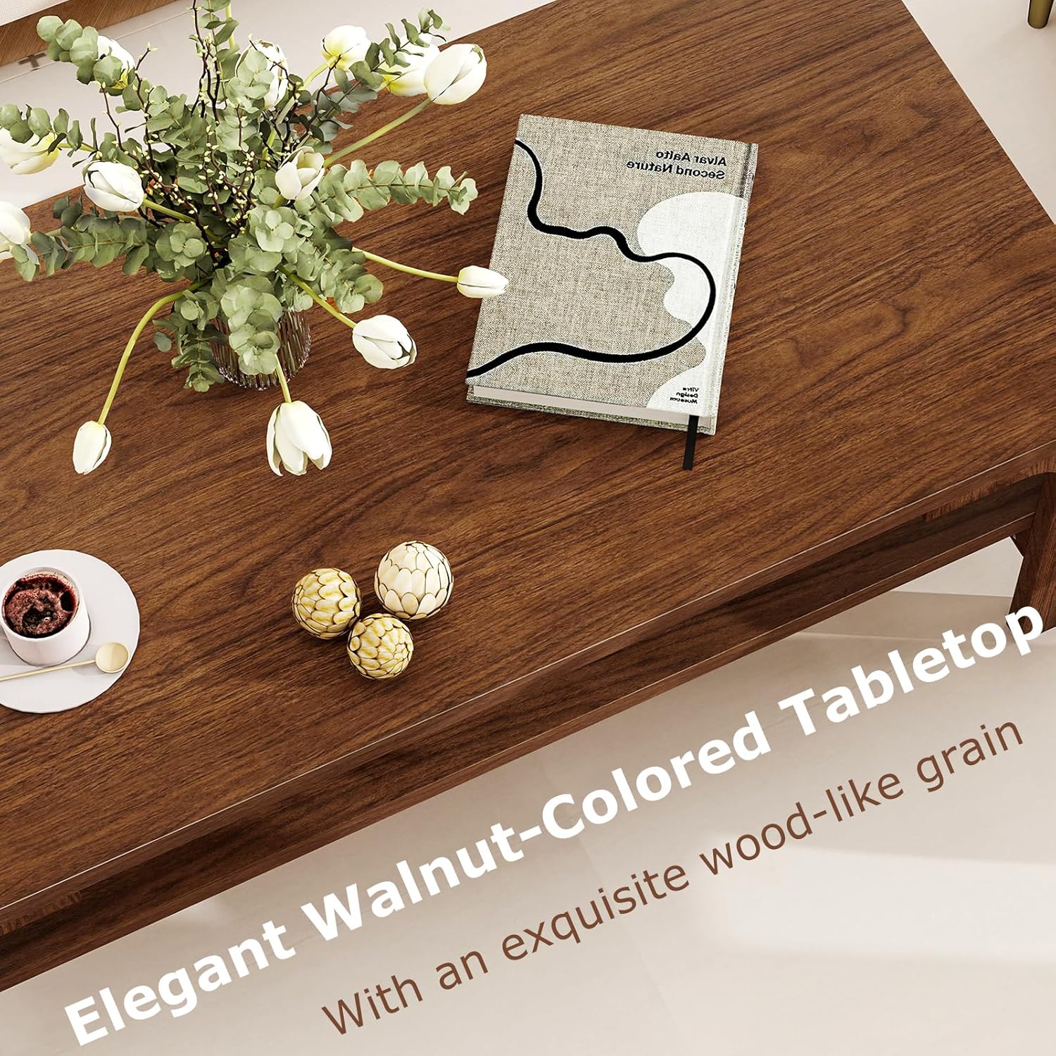 Giantex Mid Century Modern Coffee Table, 47" 2-Tier Center Table with Storage Shelf, Rectangular Vintage Cocktail Table w/Curved Legs & Large Tabletop, Wood Living Room Tables for Apartment, Walnut