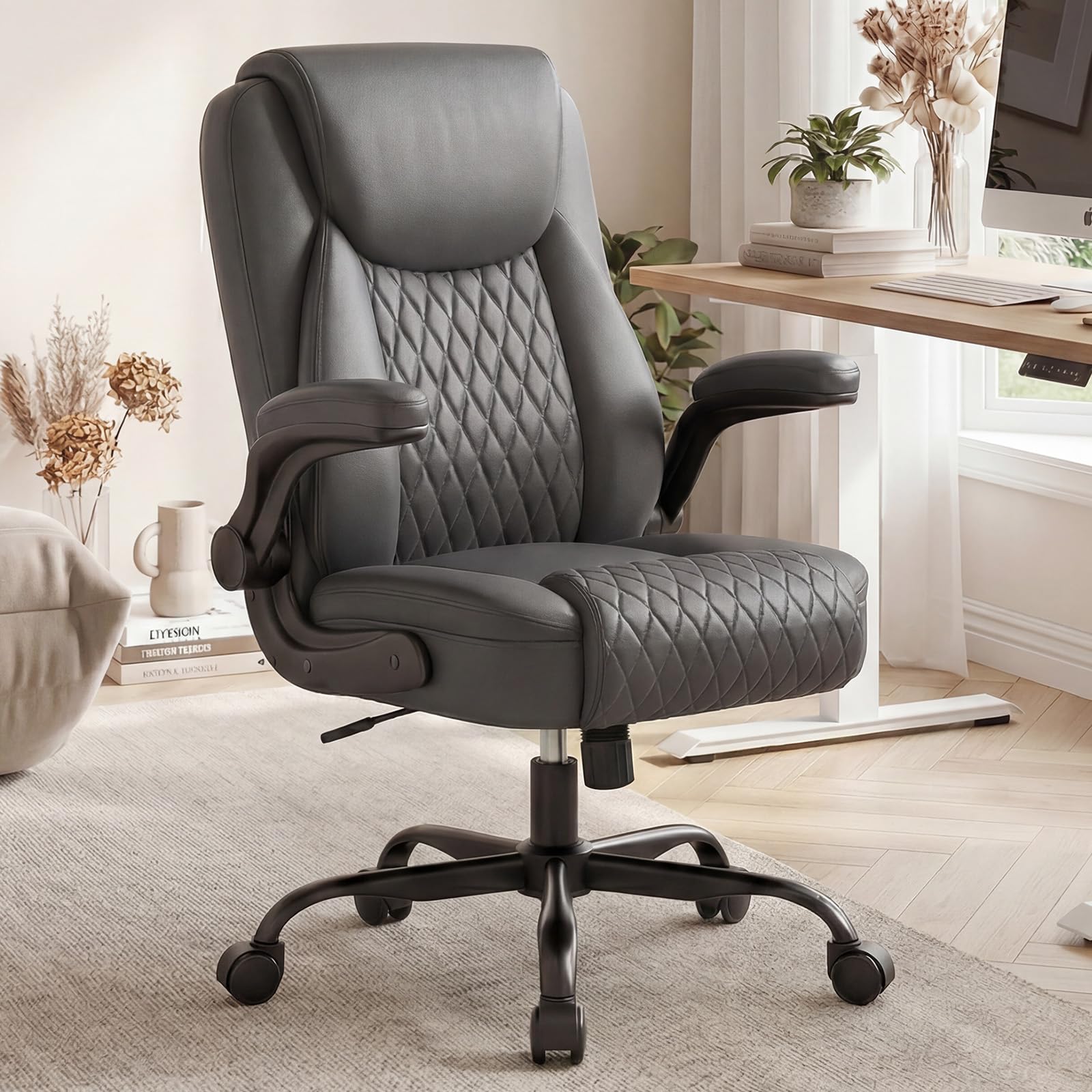 Mid-Back Leather Ergonomic Office Gaming Chair with Adjustable Armrests, Rolling Swivel Desk Chair for Short Adults