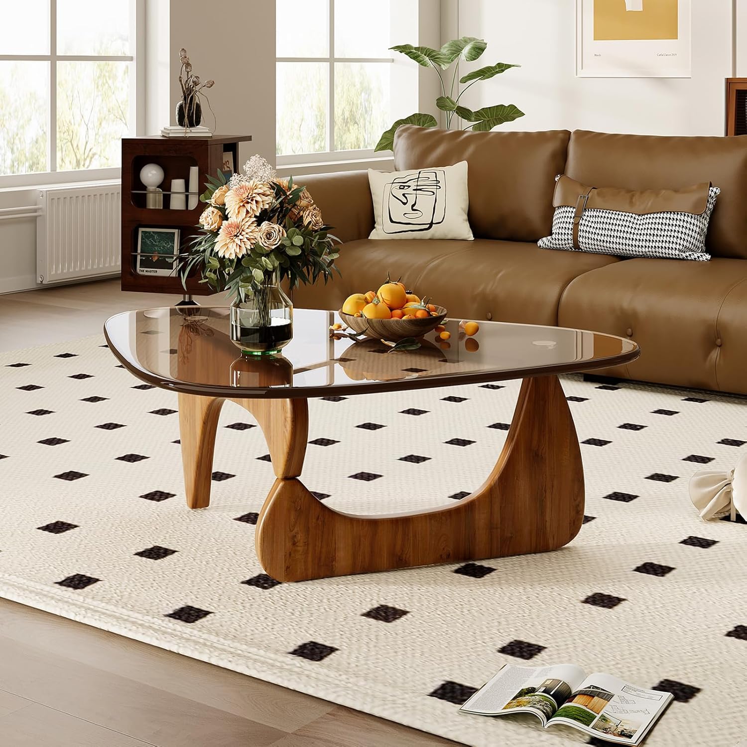 Coffee Table for Living Room Mid Century Modern Center Table with Glass Top and Wood, 36 Inch, Brown/Walnut