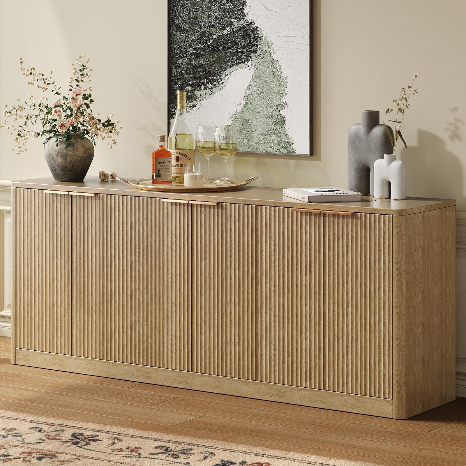 Evermagin 67" Fluted Walnut Buffet Cabinet Sideboard with Storage, Large Credenza with 6 Doors, Wood Mid Century Modern Sideboard for Kitchen and Living Room (67" W*31.5" H*15.7" D)