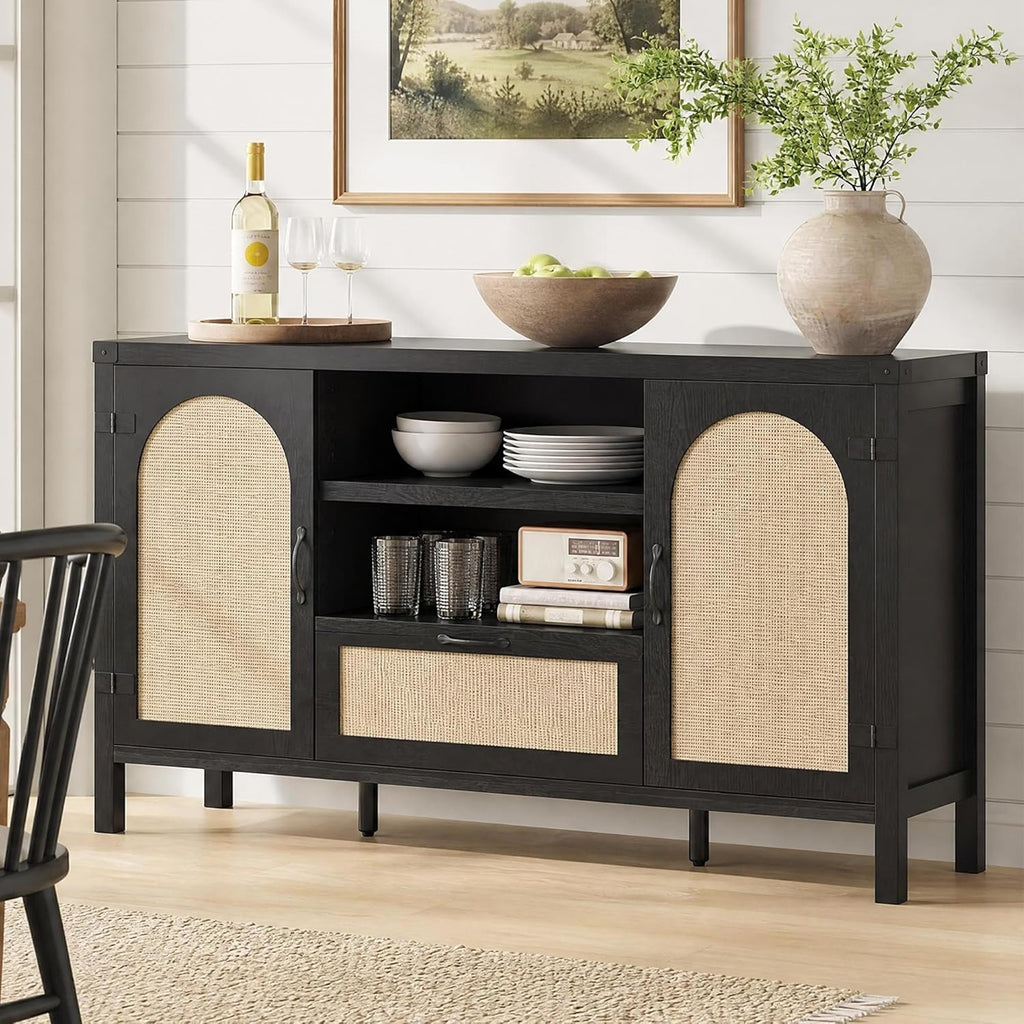 IDEALHOUSE Sideboard Buffet Cabinet with Storage, 59.1" Large Rattan Storage Cabinet with Drawers, Farmhouse Coffee Bar Cabinet for Living Room, Kitchen, Entryway, Black