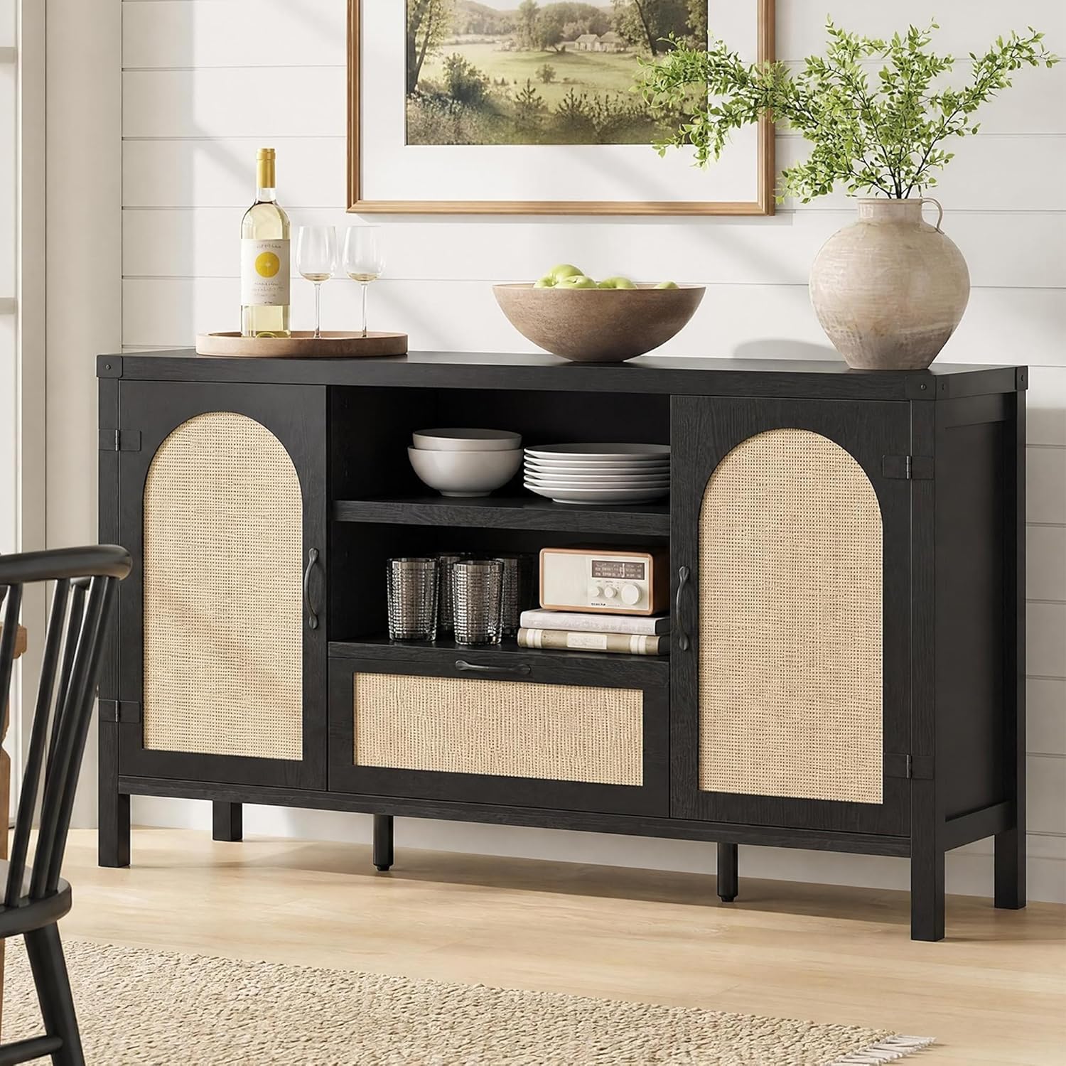 IDEALHOUSE Sideboard Buffet Cabinet with Storage, 59.1" Large Rattan Storage Cabinet with Drawers, Farmhouse Coffee Bar Cabinet for Living Room, Kitchen, Entryway, Black