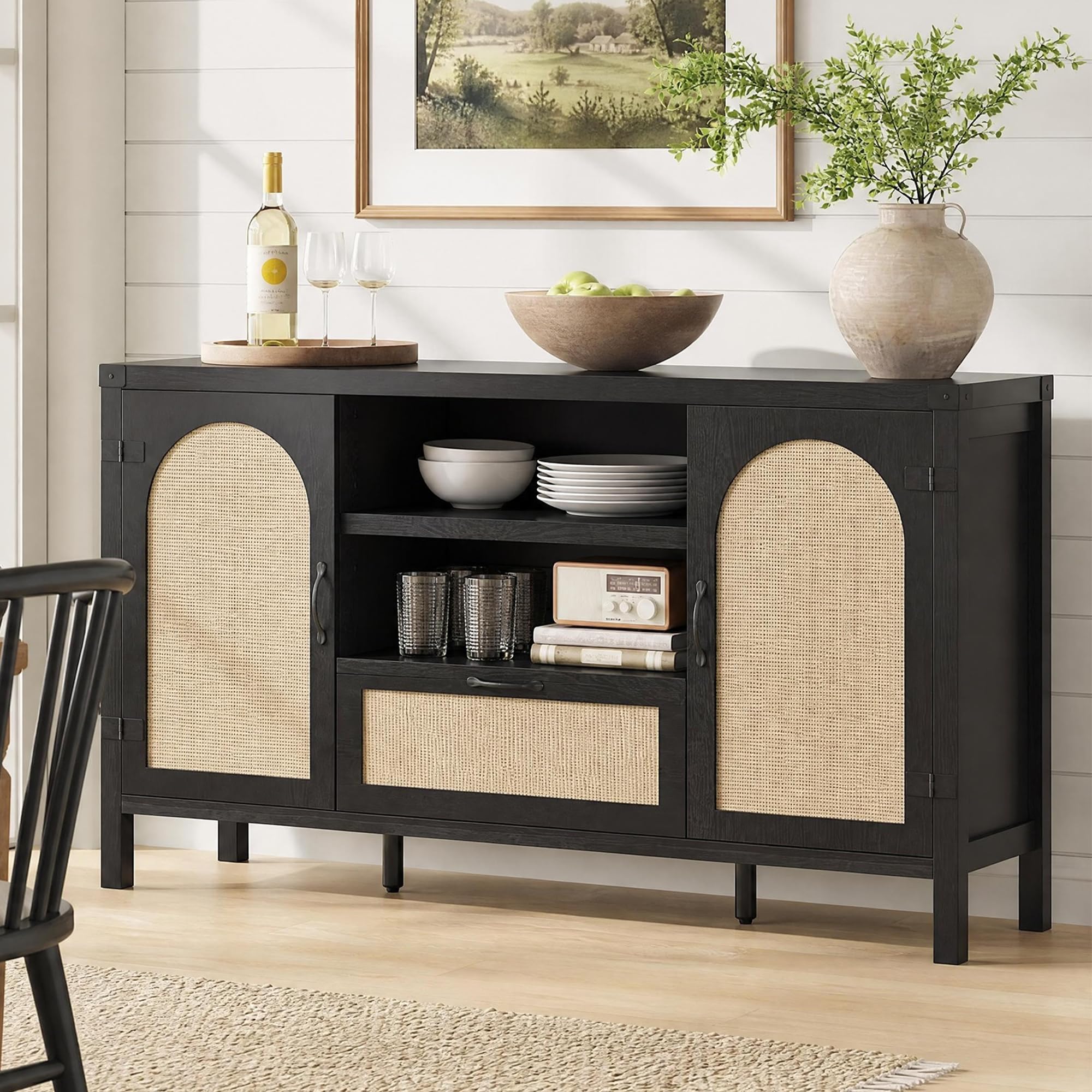 IDEALHOUSE Sideboard Buffet Cabinet with Storage, 59.1" Large Rattan Storage Cabinet with Drawers, Farmhouse Coffee Bar Cabinet for Living Room, Kitchen, Entryway, Black
