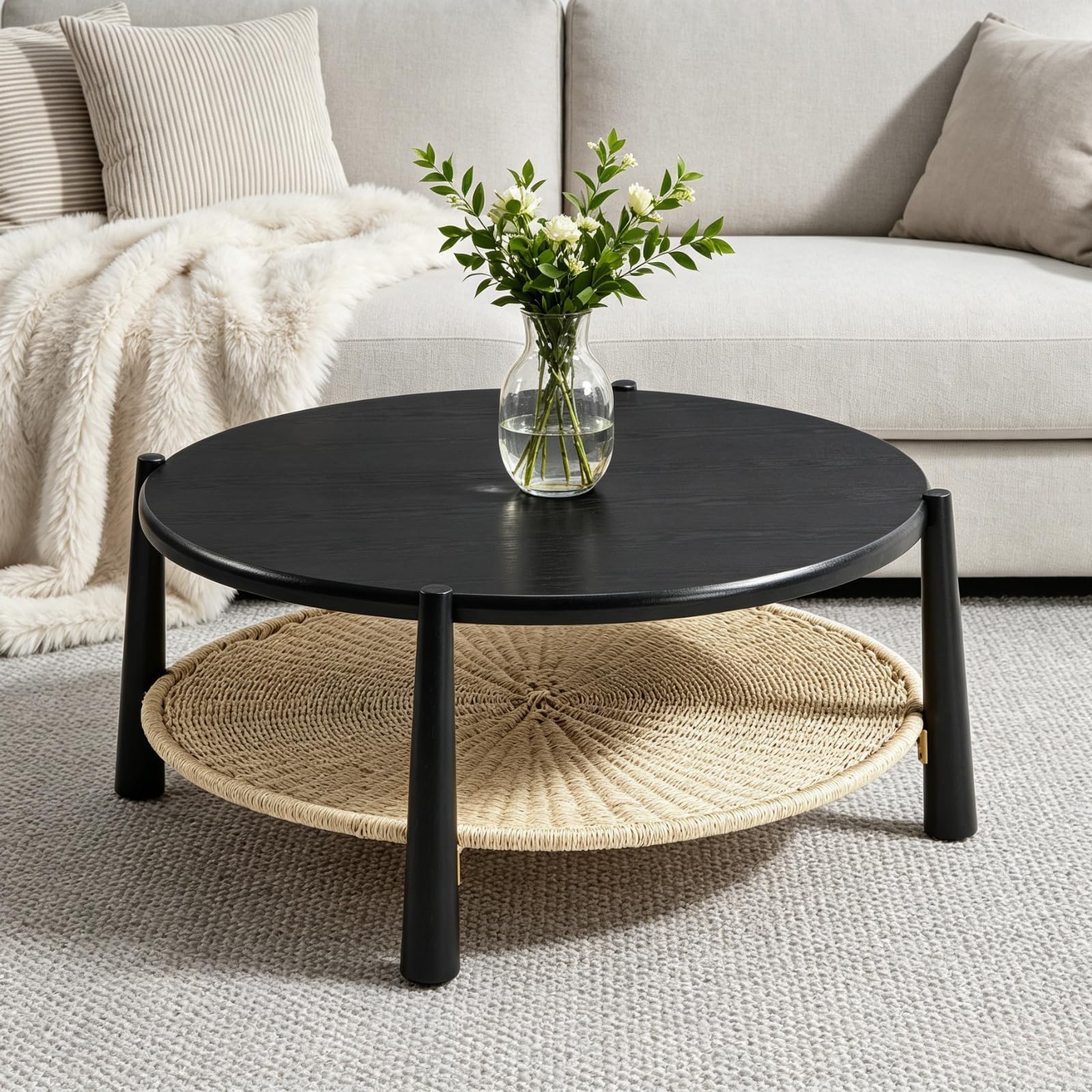 Round Coffee Table, Mid-Century Modern 2-Tier Wood Center Table with Open Storage Shelf, Farmhouse Circle Coffee Table for Living Room Office, Walnut Brown