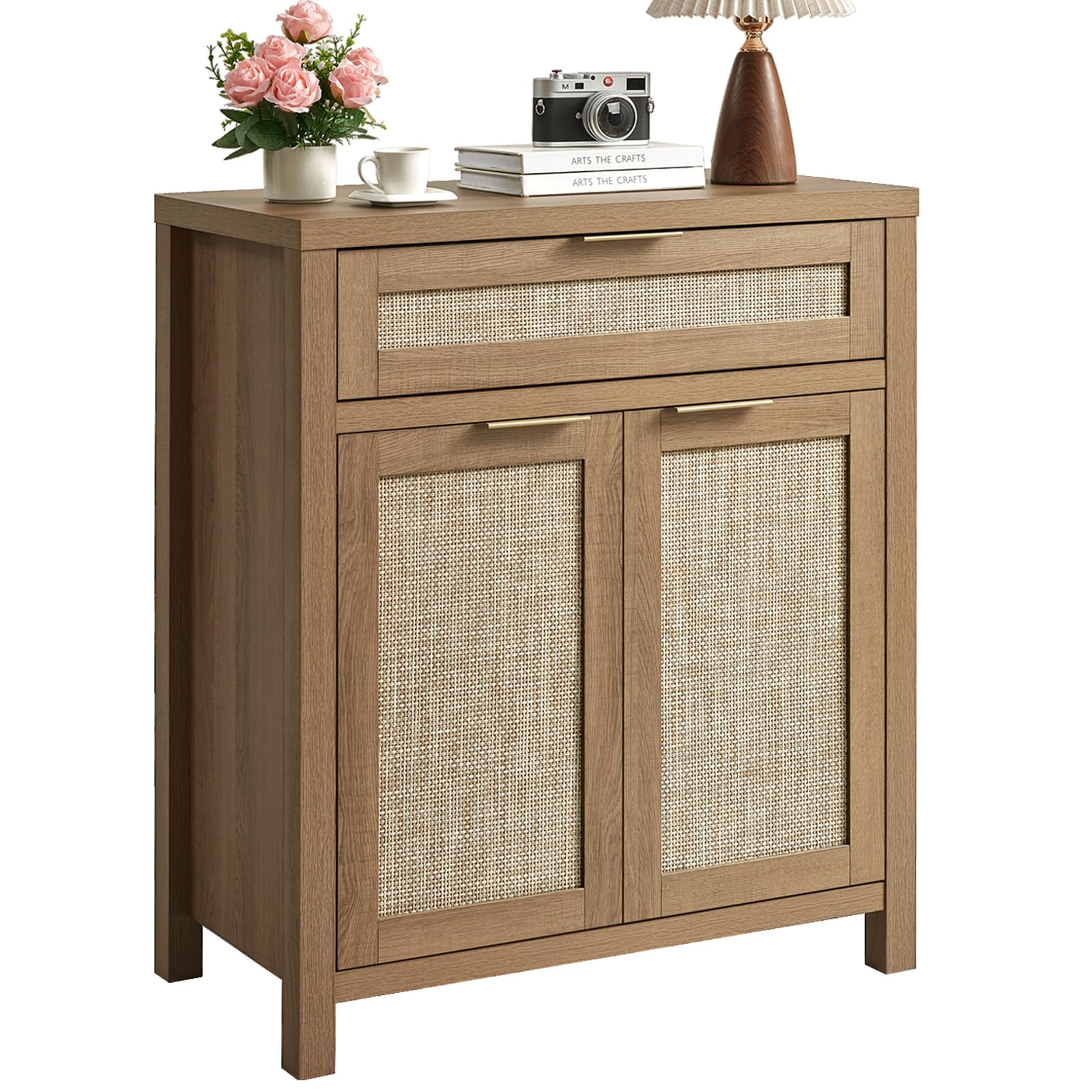 HOKYHOKY 63" Rattan Sideboard Buffet Cabinet, Boho Storage Cabinet with Adjustable Shelves, Farmhouse Credenza Coffee Bar Cabinets with 4 Doors & 3 Drawers for Living Room, Hallway & Kitchen