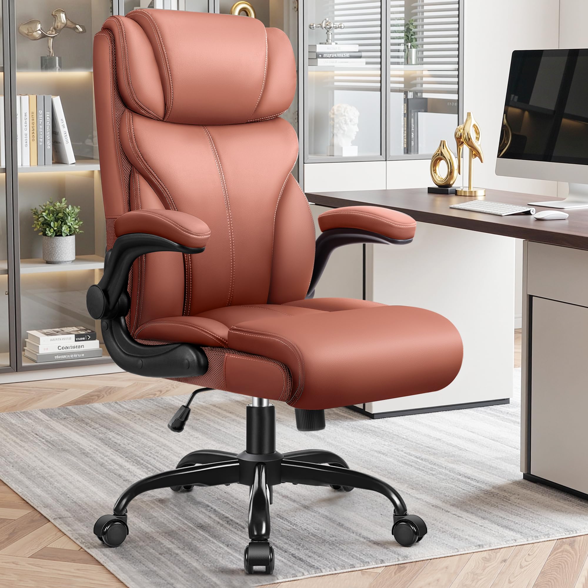 Primy Office Chair, Ergonomic Leather Desk Chair with Flip-up Armrests, Big and Tall High Back Executive Computer & Gaming Chair with Footrest, Comfy Padded, Rocking Function and Lumbar Support(Black)