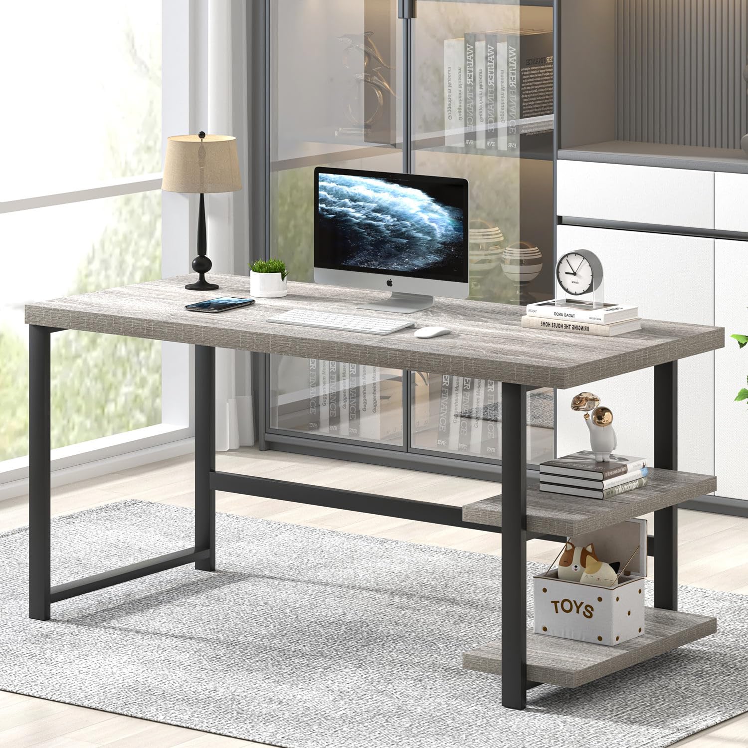 FOLUBAN Computer Desk, Modern Home Office Desk with Storage Shelves, Writing Study Gaming Table for Living Room Bedroom, Rustic Oak, 53 Inch