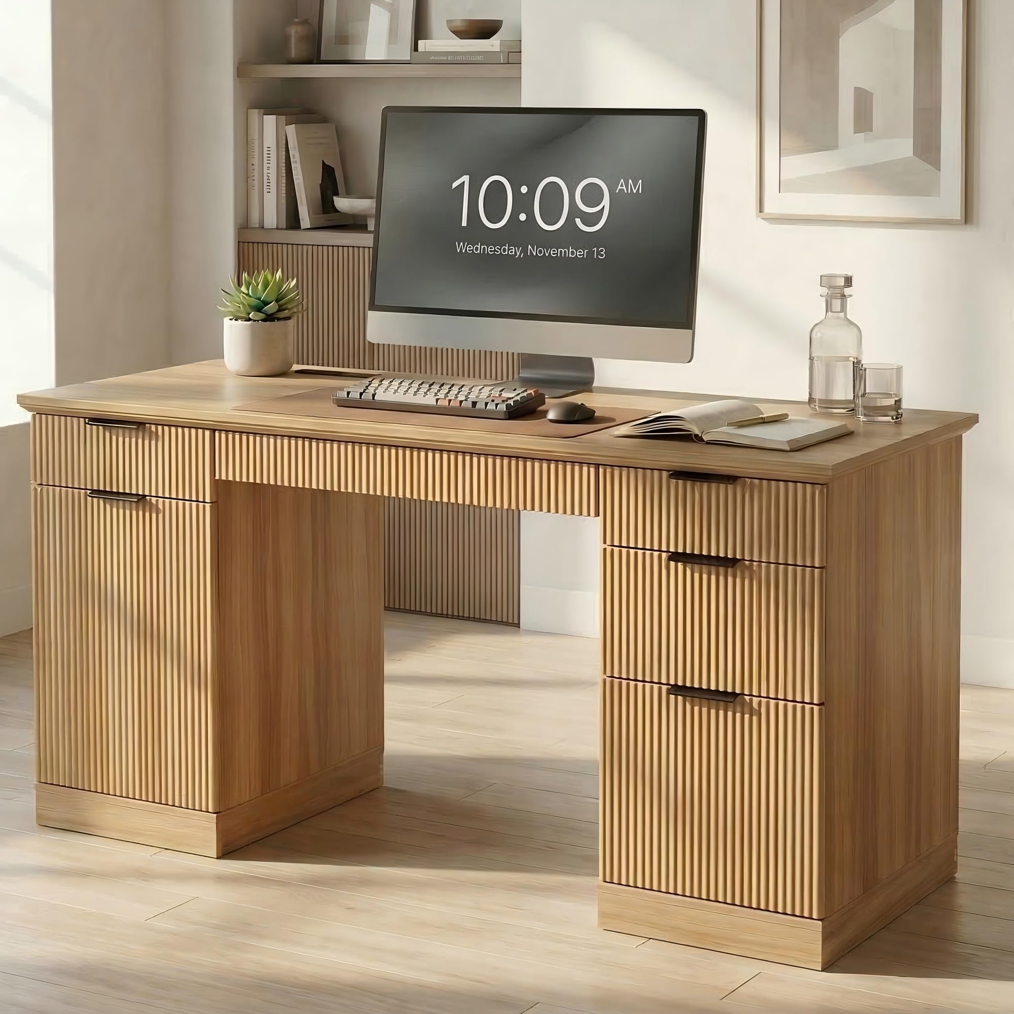 FURSUN 58" Home Office Desk with Power Outlet & File Cabinet, Modern Fluted Executive Desk with 3 Storage Drawers, Large Computer Workstation for Study & Bedroom, Natural Oak