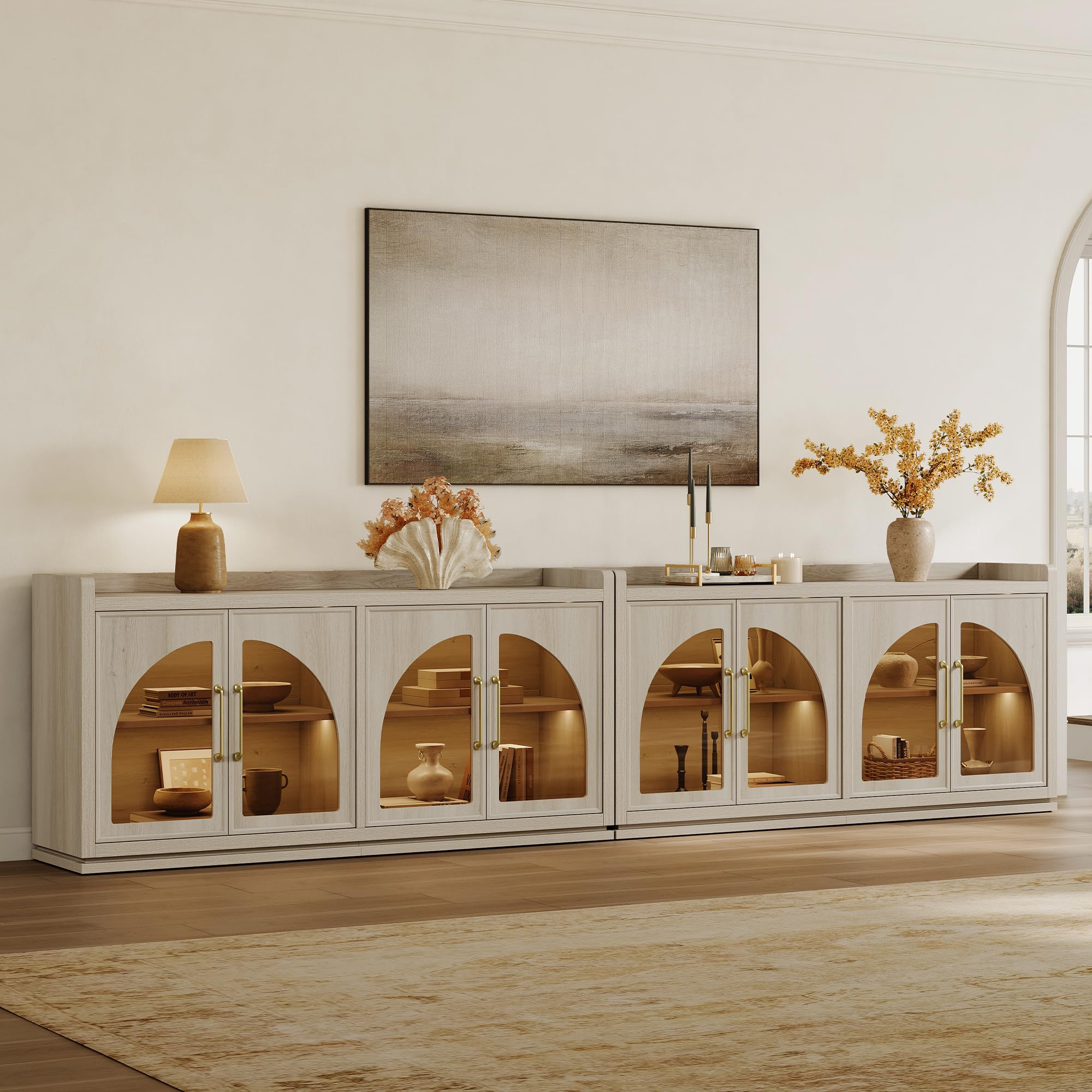 SICOTAS Sideboard Buffet Cabinet with Storage and LED Lights-Farmhouse Large Credenza Storage Cabinet with Arch Glass Doors, Adjustable Shelves, 61.7" Media Console Coffee Bar Cabinet, Grey White Oak