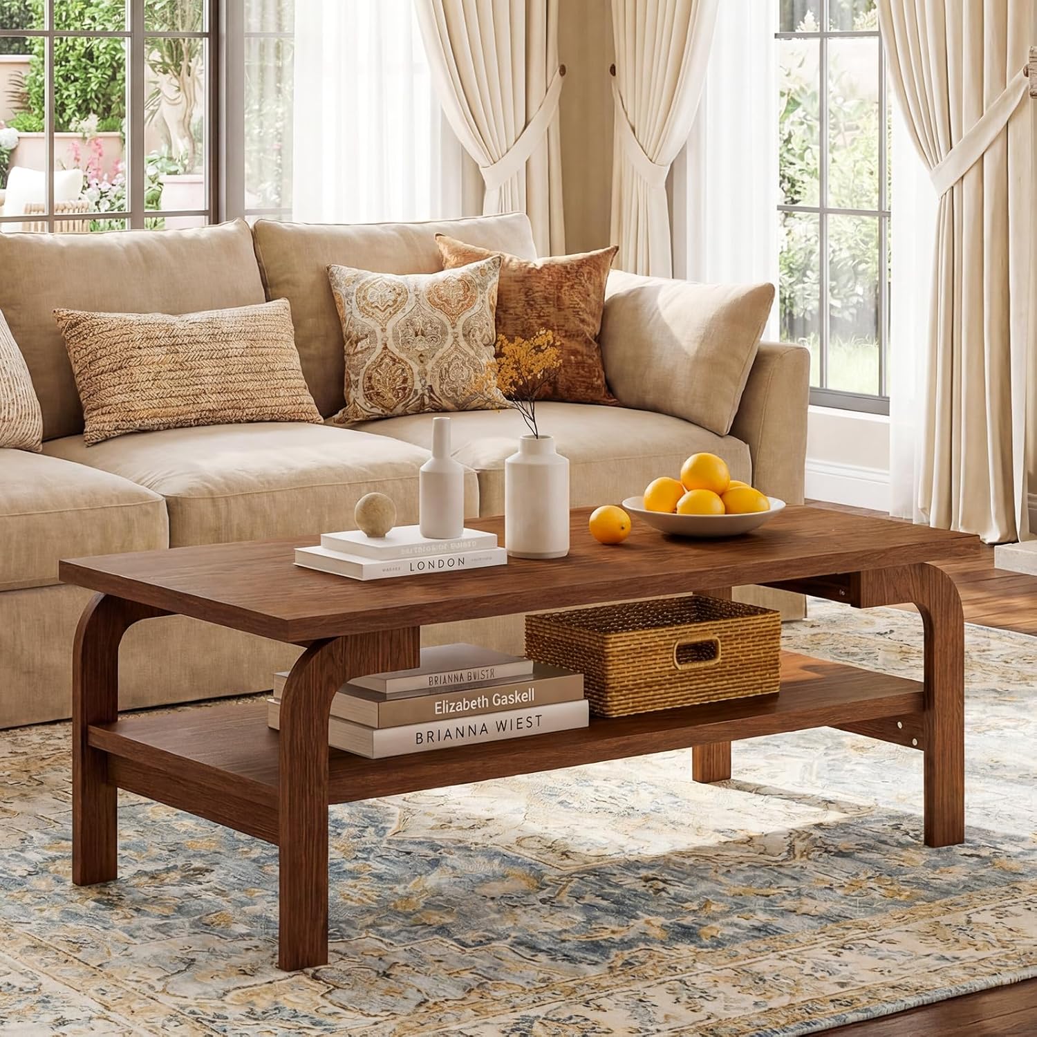 Giantex Mid Century Modern Coffee Table, 47" 2-Tier Center Table with Storage Shelf, Rectangular Vintage Cocktail Table w/Curved Legs & Large Tabletop, Wood Living Room Tables for Apartment, Walnut