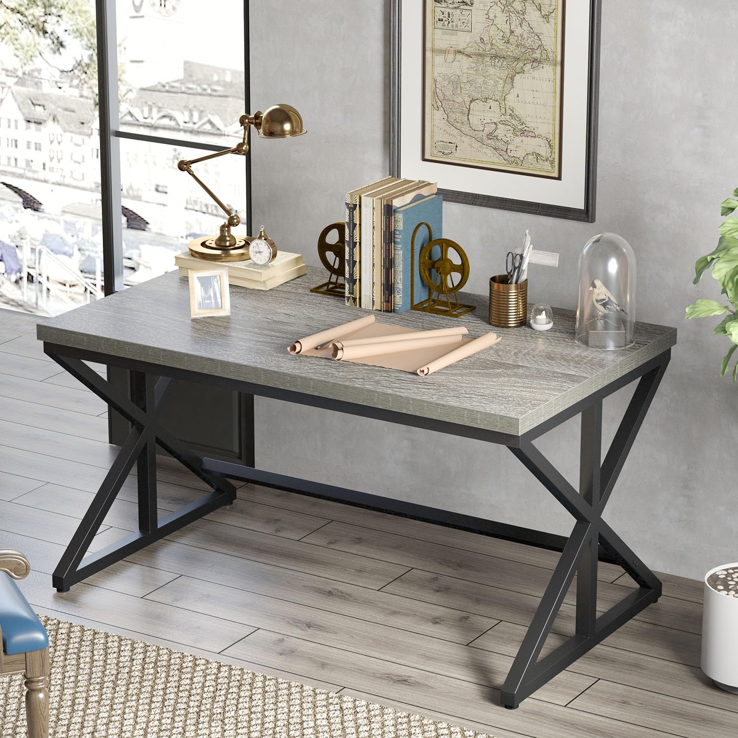 IBF Rustic Office Desk Table, Industrial Long Wood Computer Desk for Home Office, Modern Large Wide Simple Pc Gaming Workstation Executive Writing Desks Big Table for Work Study, Rustic Oak, 60 Inch