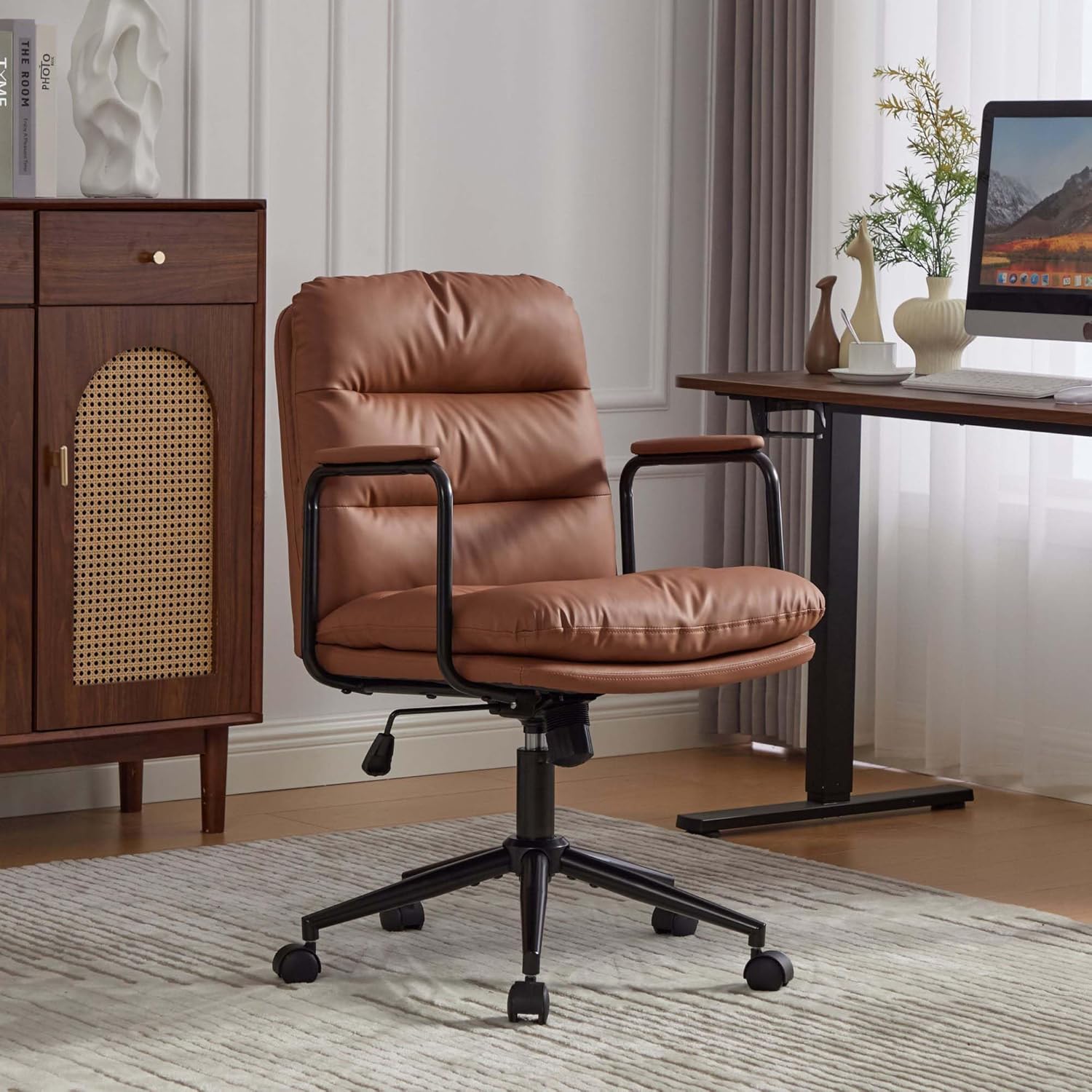 【Mid Back Office Chair】 Ergonomic PU Leather Desk Chair with 40° Recline, Adjustable Height Swivel Computer Chair with Padded Armrests and Wheels, Task Chair for Home Office (Brown)