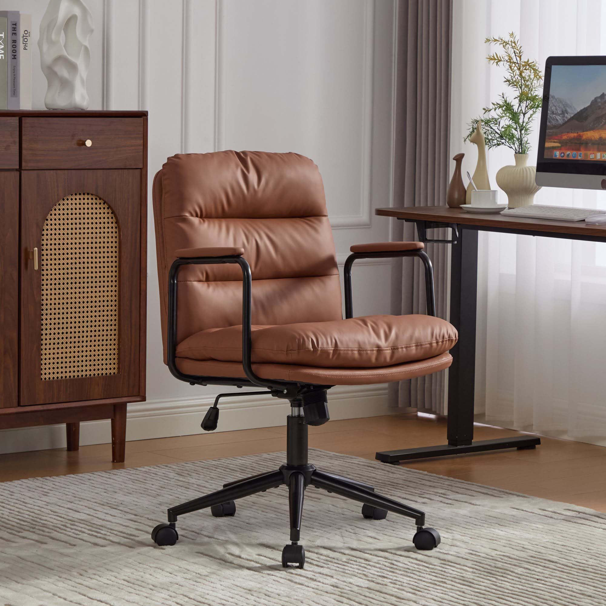 【Mid Back Office Chair】 Ergonomic PU Leather Desk Chair with 40° Recline, Adjustable Height Swivel Computer Chair with Padded Armrests and Wheels, Task Chair for Home Office (Brown)