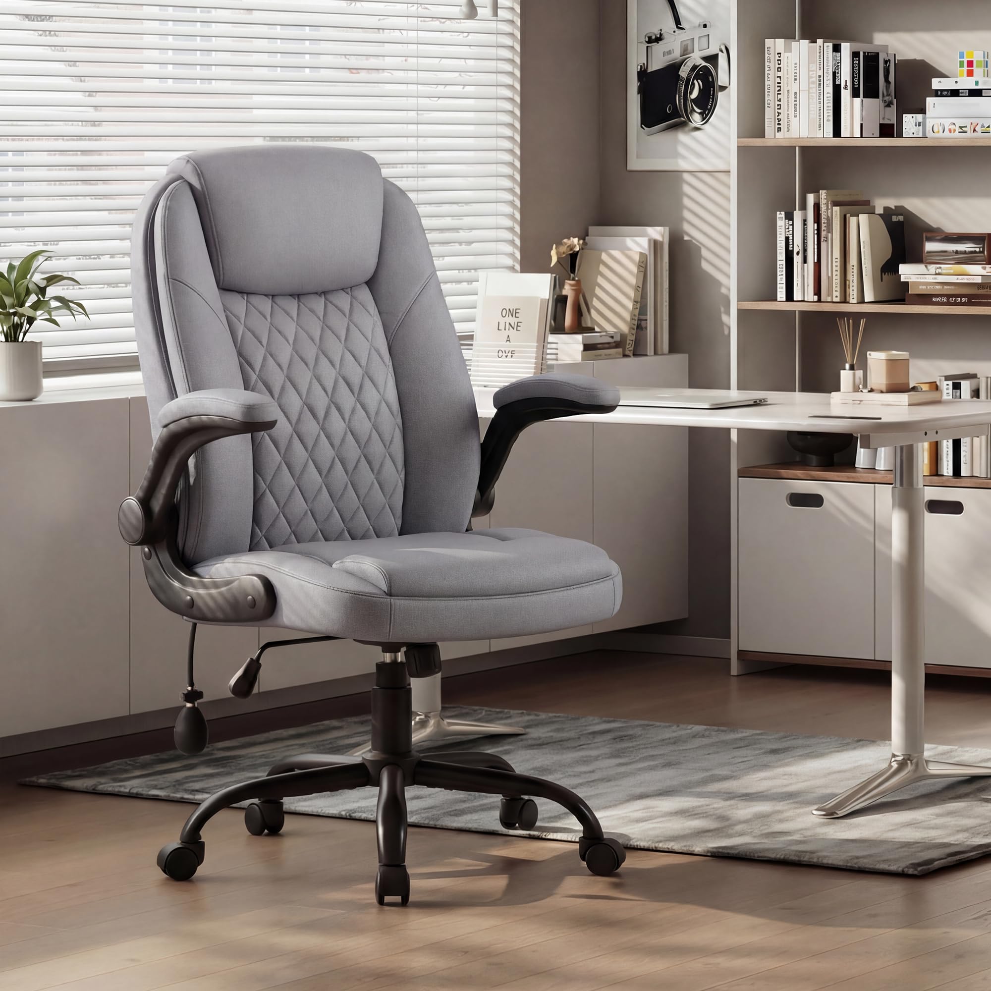 MALOL Leather Office Chair, Computer Desk Chair with Adjustable Lumbar Support, Thick Cushion, Flip-Up Arms and Ergonomic Back, Comfy Executive Office Chair for Home Office Gaming,Black