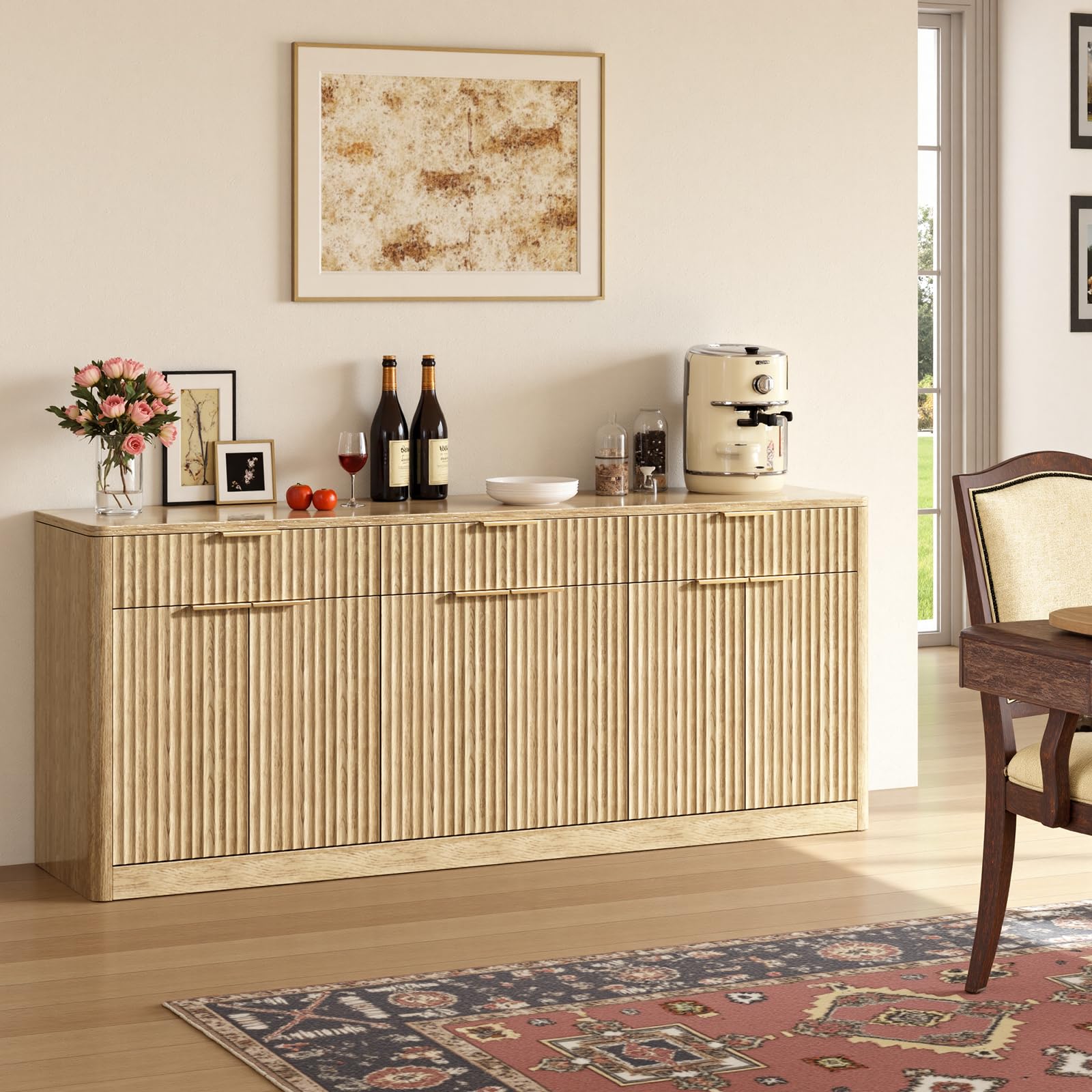 Evermagin 67" Fluted Walnut Buffet Cabinet Sideboard with Storage, Large Credenza with 6 Doors, Wood Mid Century Modern Sideboard for Kitchen and Living Room (67" W*31.5" H*15.7" D)