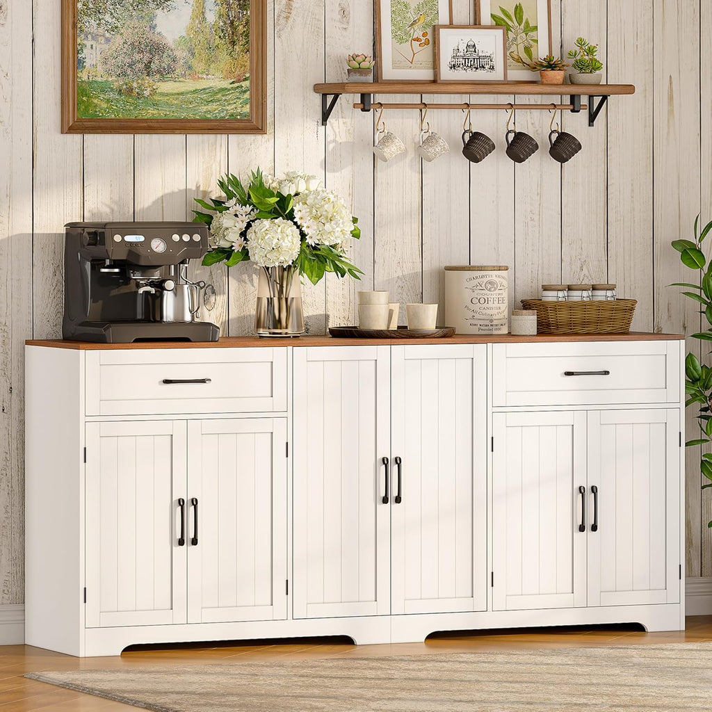 Whalefall 71" Farmhouse Sideboard Buffet Cabinet with Storage, Large Coffee Bar with 2 Drawers & 6 Doors, Kitchen Storage Credenza with Adjustable Shelves for Dining Room, White