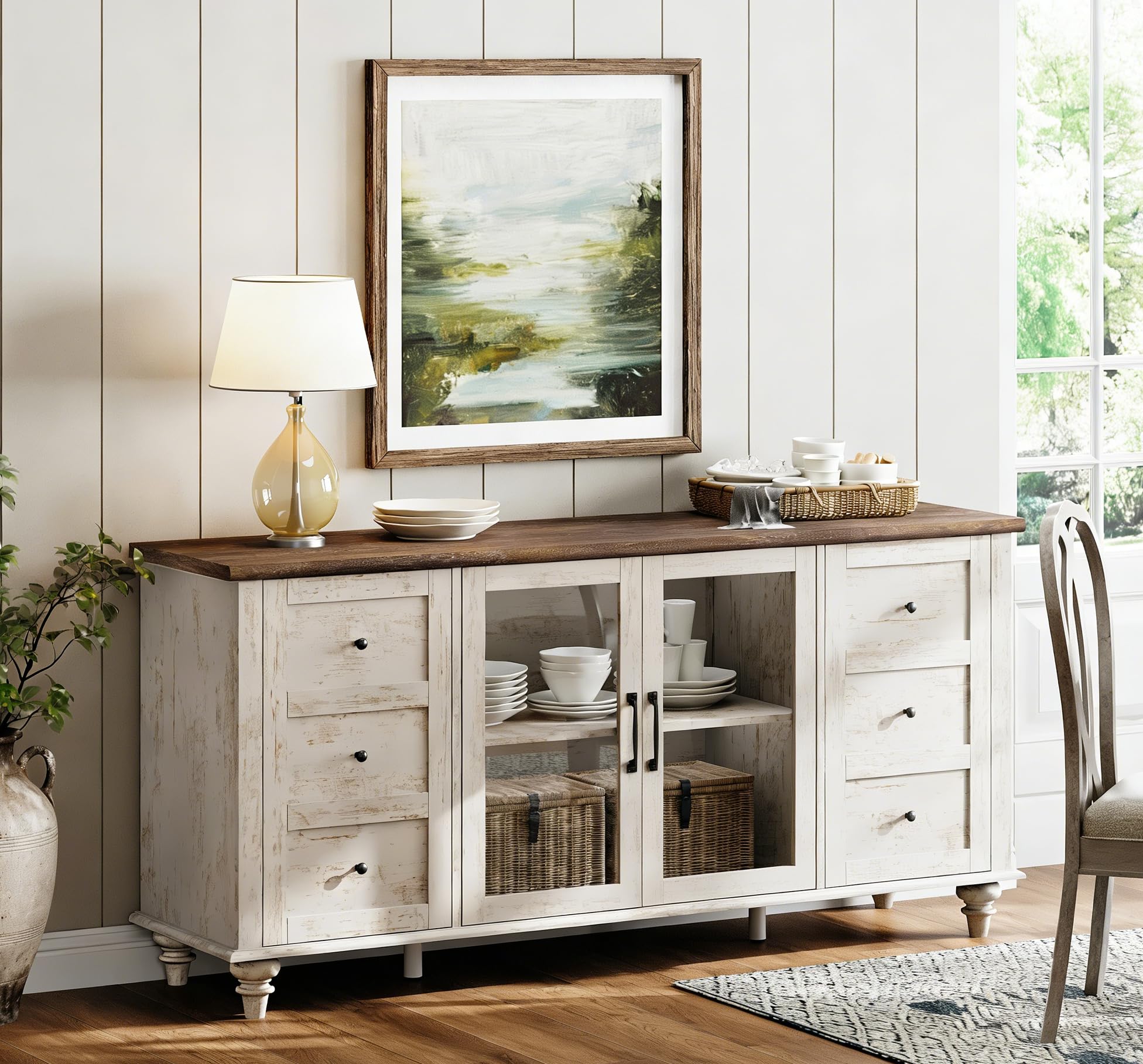 WAMPAT Farmhouse Sideboard Buffet Cabinet with Glass Door & Adjustable Shelf, Wooden Coffee Bar Table with Solid Wood Leg, Kitchen Storage Cabinet for Dining Room, Oak, 58 Inch