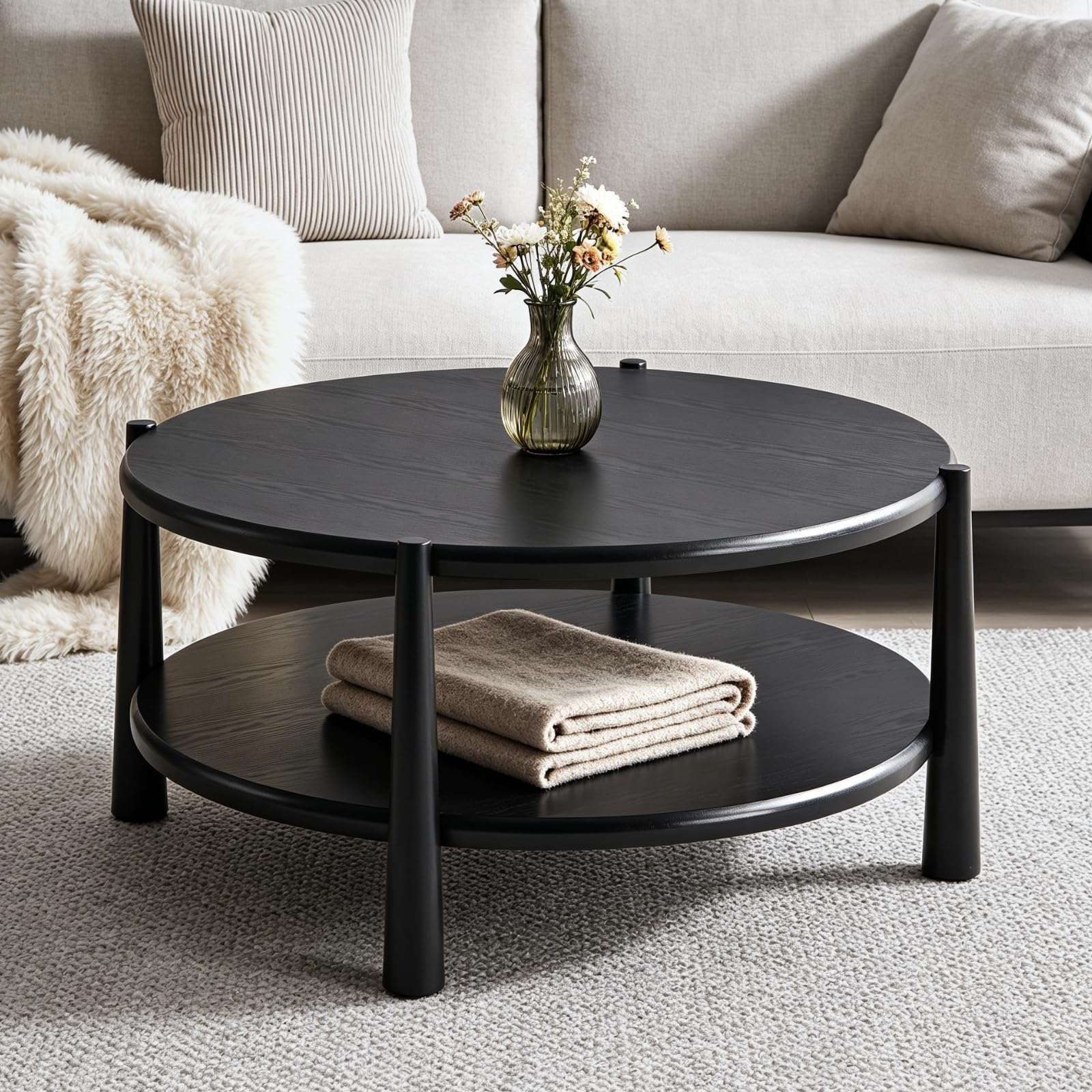 Round Coffee Table, Mid-Century Modern 2-Tier Wood Center Table with Open Storage Shelf, Farmhouse Circle Coffee Table for Living Room Office, Walnut Brown