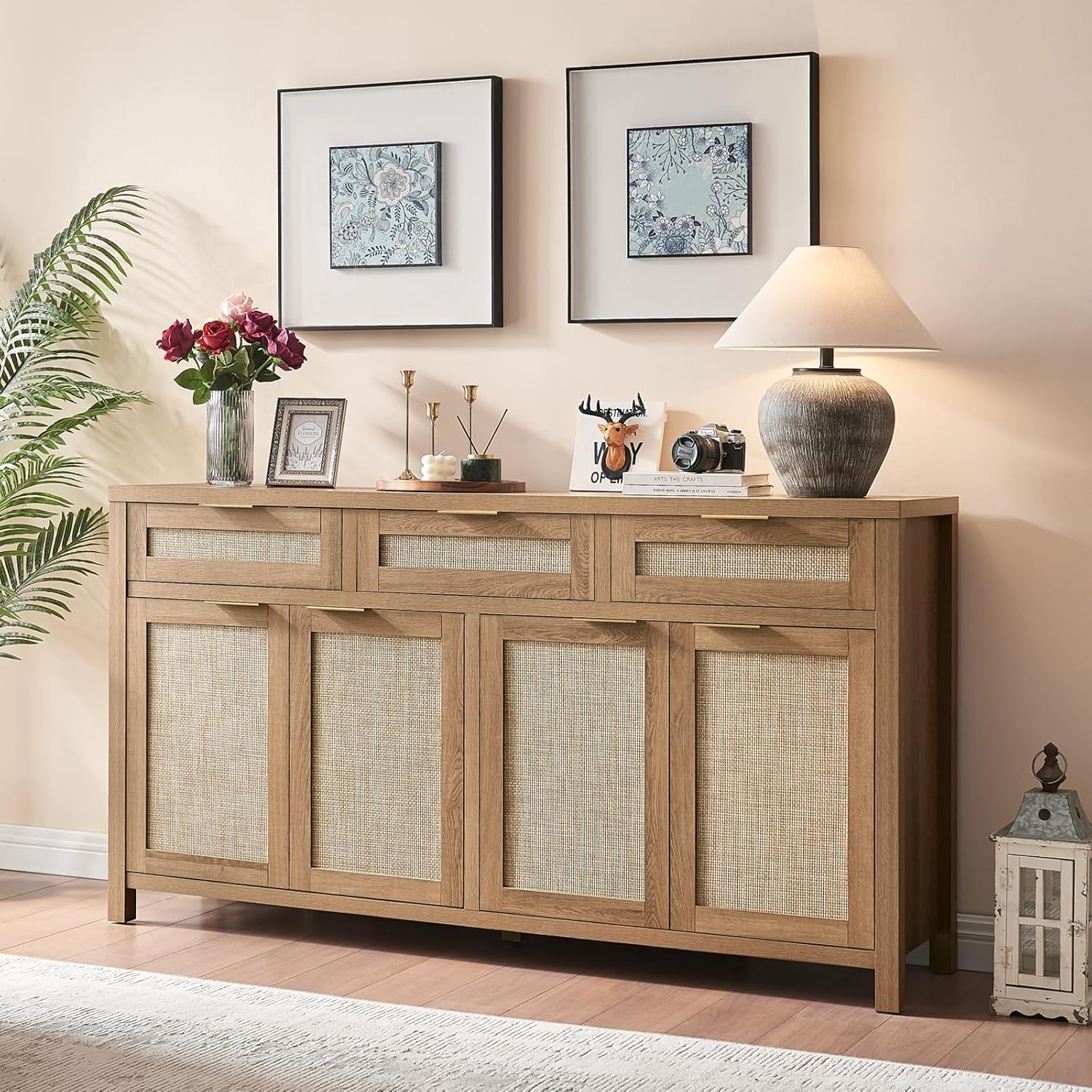 HOKYHOKY 63" Rattan Sideboard Buffet Cabinet, Boho Storage Cabinet with Adjustable Shelves, Farmhouse Credenza Coffee Bar Cabinets with 4 Doors & 3 Drawers for Living Room, Hallway & Kitchen
