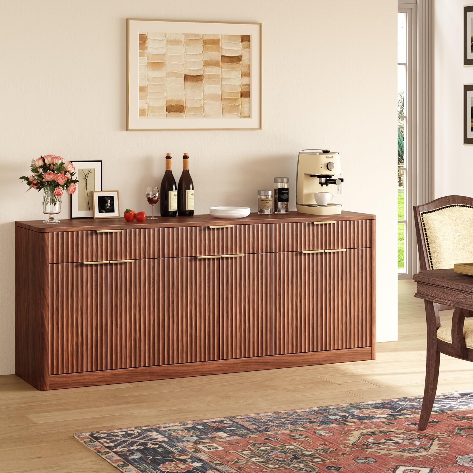 Evermagin 67" Fluted Walnut Buffet Cabinet Sideboard with Storage, Large Credenza with 6 Doors, Wood Mid Century Modern Sideboard for Kitchen and Living Room (67" W*31.5" H*15.7" D)