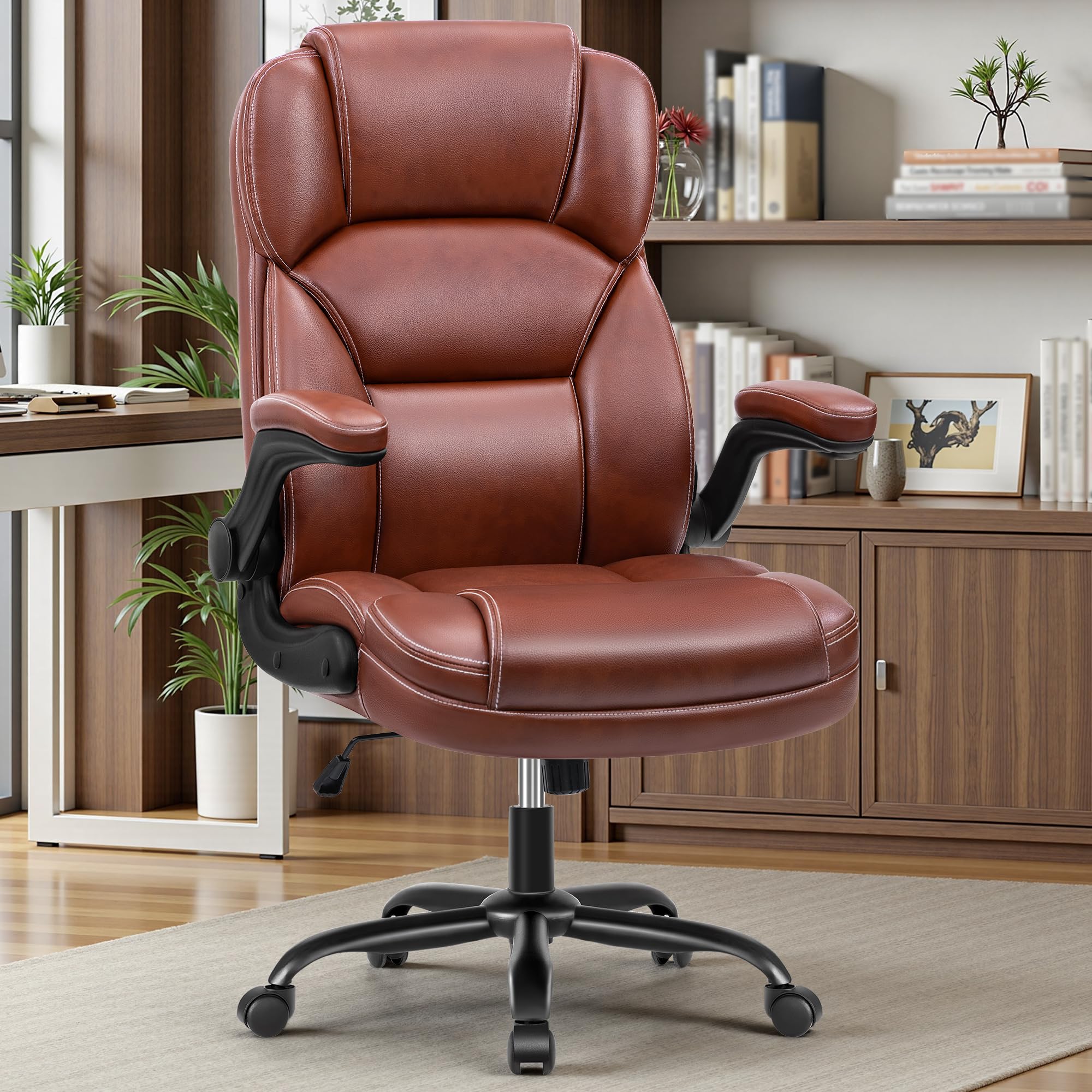 PU Leather Office Chair, Ergonomic High-Back Desk Computer & Gaming Chair with Adjustable Height, Rolling Swivel & Flip-Up Armrests, Comfy Padded Seat for Home Office-Black