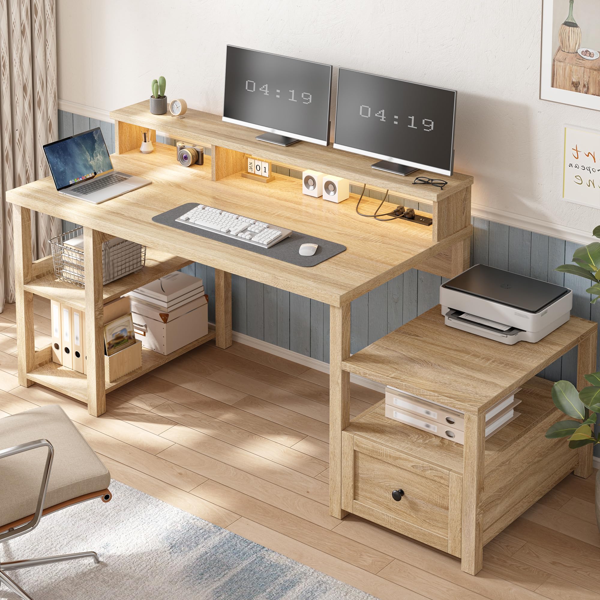 EnHomee 60.4" Computer Desk with Drawer, Office Desk with Monitor Stand, Farmhouse Study Desk with Power Outlet & LED Light, Writing Desk for Home and Study Room, Dark Rustic Oak