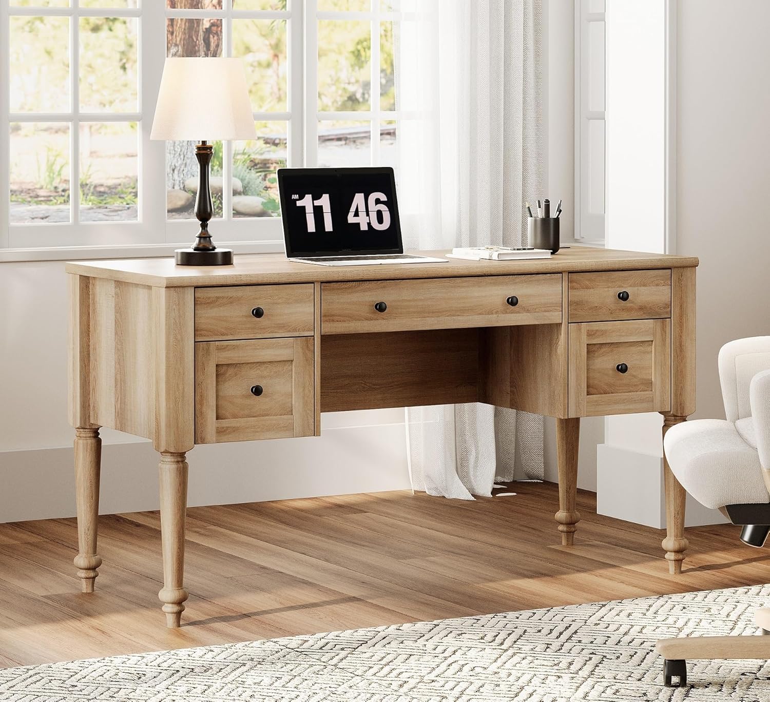 WAMAPT Farmhouse Executive Desk with Drawers, Vintage Writing Desk with Charging Station, Home Office Desk with Storage Cabinet & Open Shelf for Study, 56 Inch, Oak