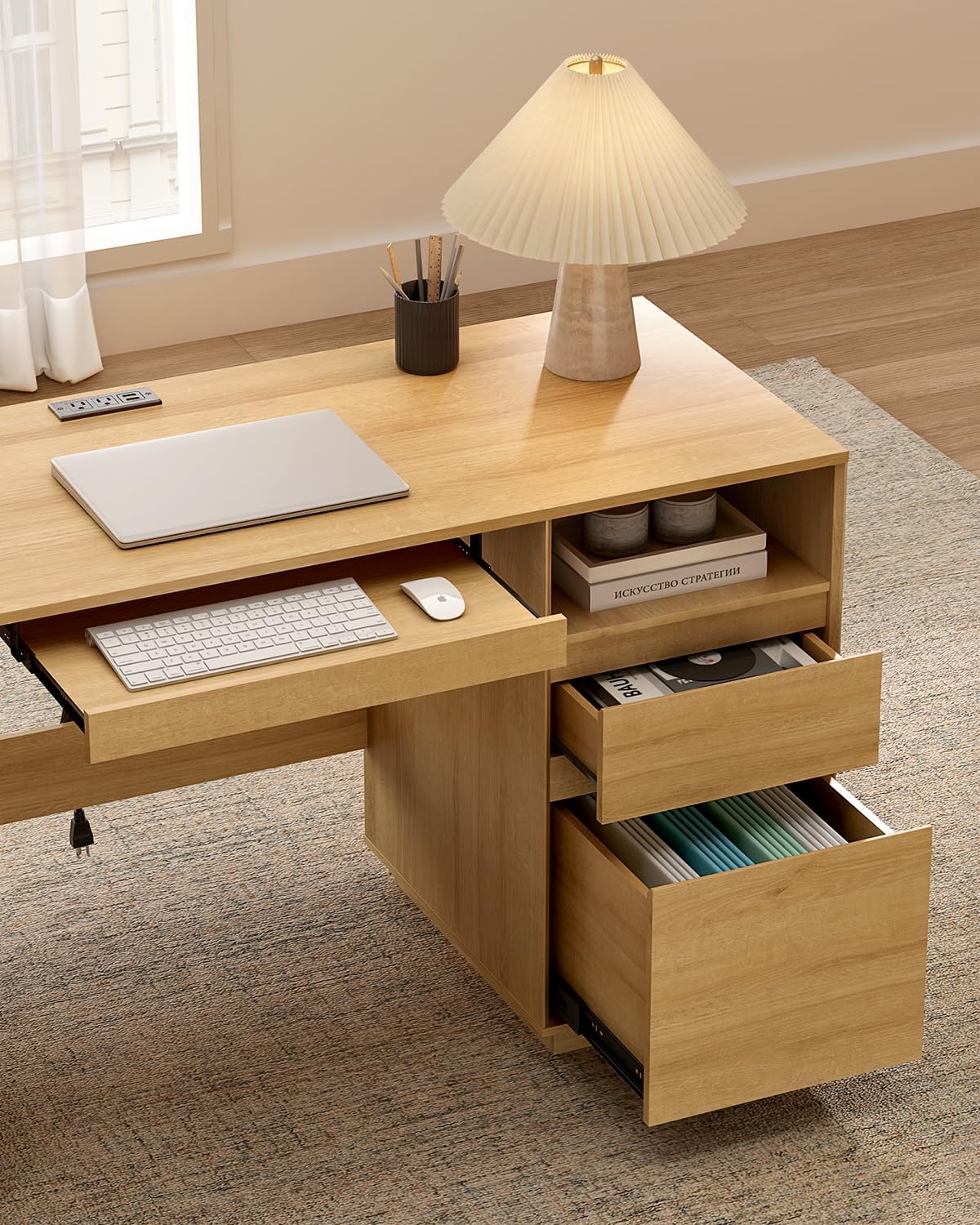 59" Natural Oak Farmhouse Executive Computer Desk with File Drawer, Charging Station, Keyboard Tray & Storage Cabinet for Home Office Study Writing