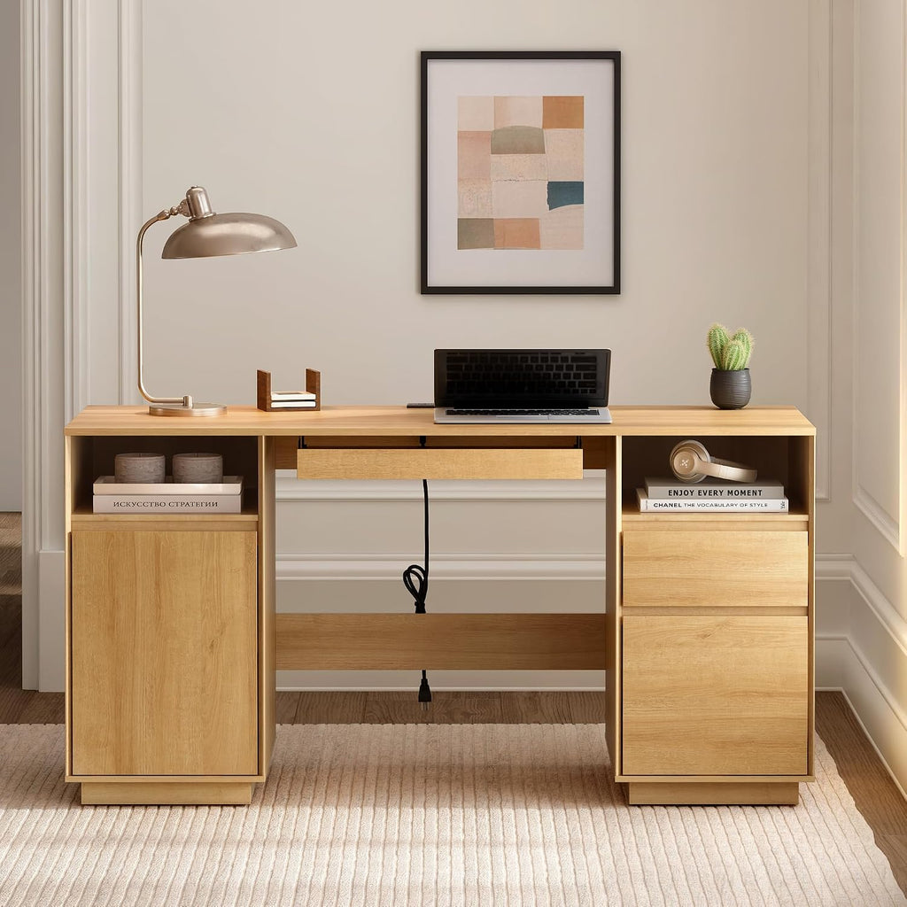59" Natural Oak Farmhouse Executive Computer Desk with File Drawer, Charging Station, Keyboard Tray & Storage Cabinet for Home Office Study Writing