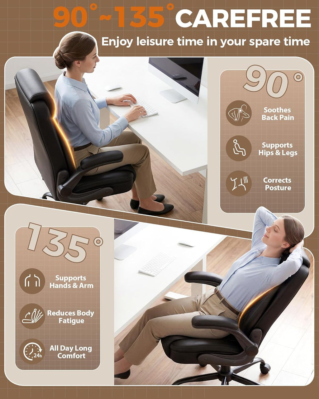 Mid-Back Leather Ergonomic Office Gaming Chair with Adjustable Armrests, Rolling Swivel Desk Chair for Short Adults