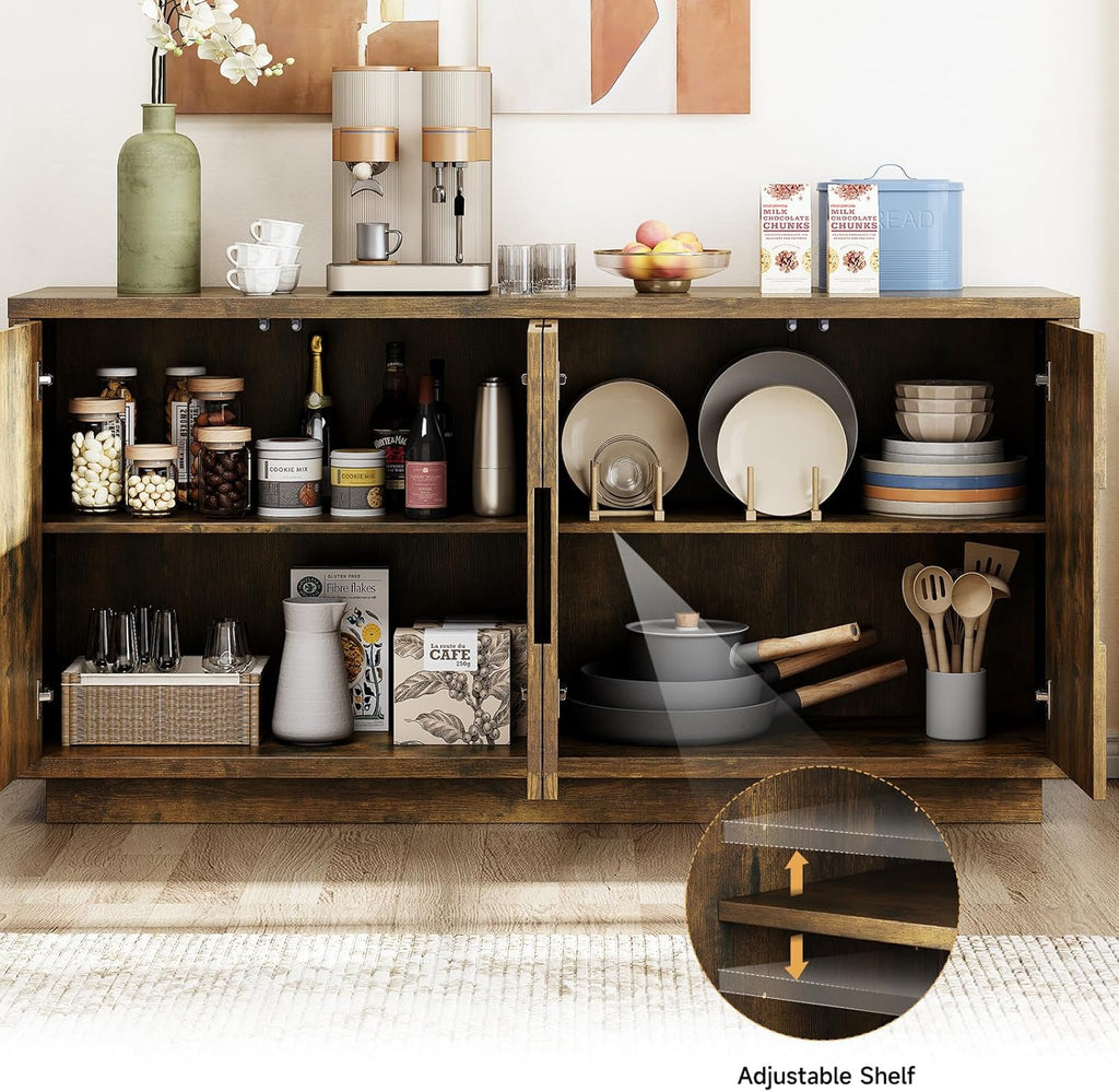 ONBRILL 60" Sideboard Buffet Cabinet with Storage, Irregular Panel Design Credenza Mid Century Farmhouse Coffee Bar Cabinet with 4 Doors & Adjustable Shelves for Living Room, Hallway (Rustic Brown)