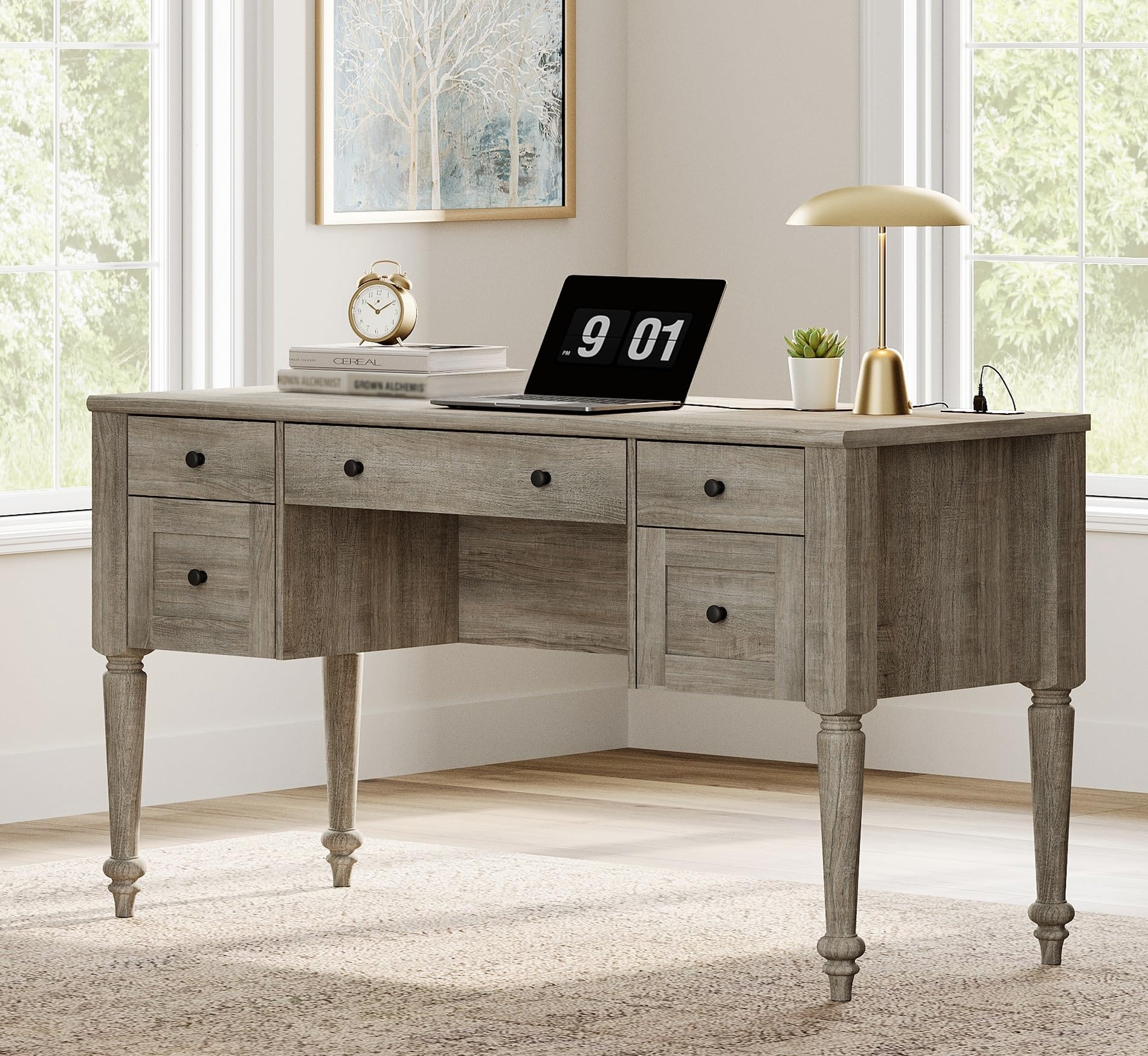 WAMAPT Farmhouse Executive Desk with Drawers, Vintage Writing Desk with Charging Station, Home Office Desk with Storage Cabinet & Open Shelf for Study, 56 Inch, Oak