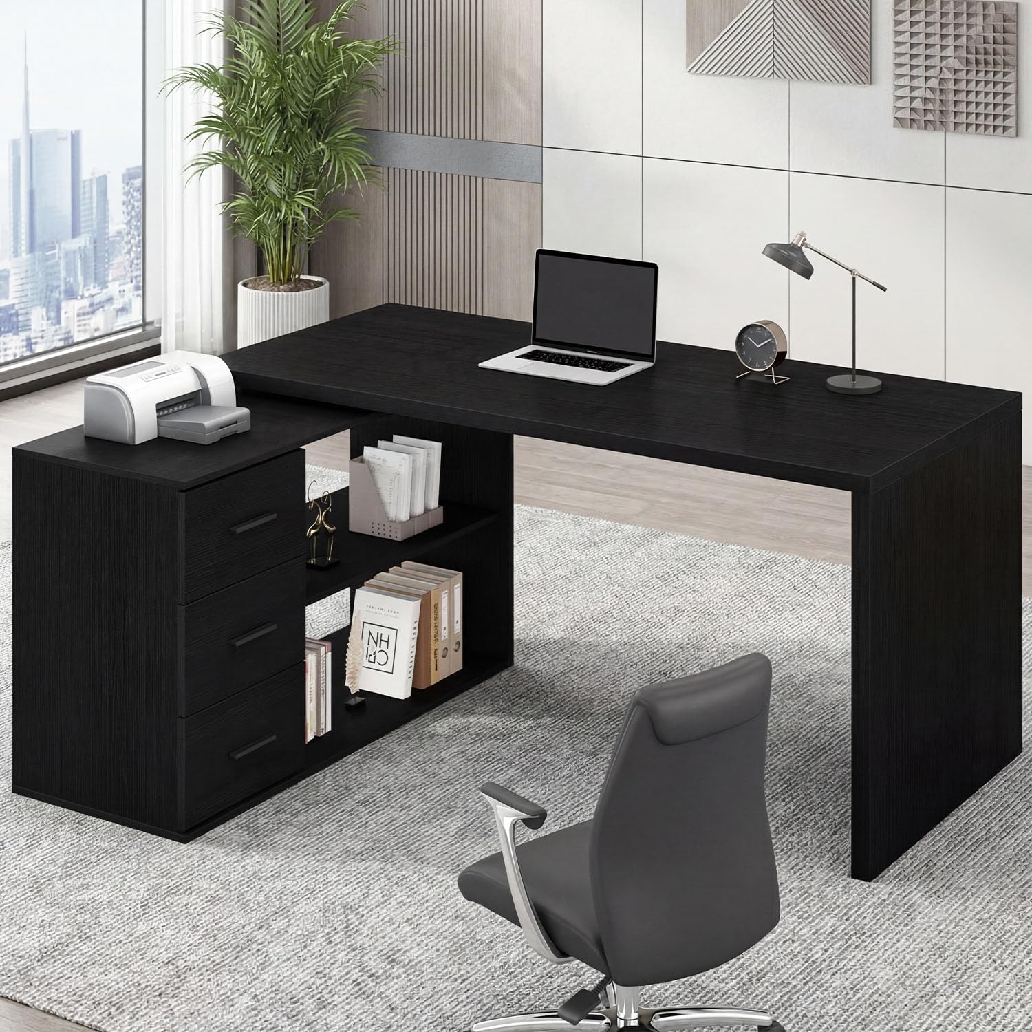 HSH L Shaped Desk with Storage Drawers Shelves, Large Corner Computer Table in Home Office, Industrial Wood Desk for Executive Writing Work Study, Rustic Oak, 55 Inch