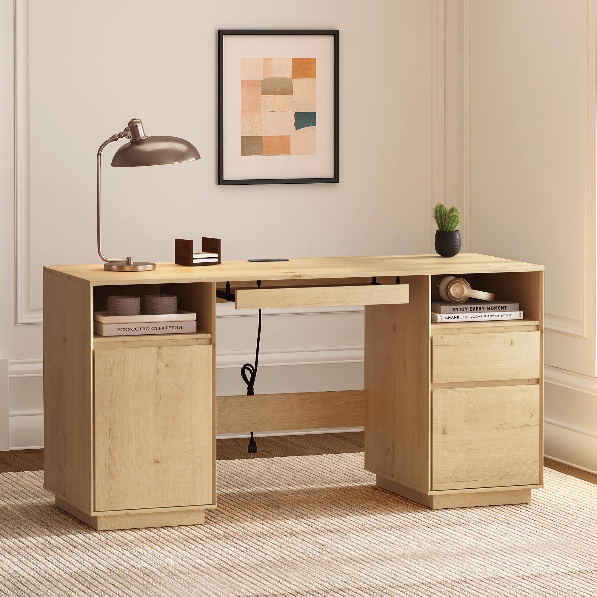59" Natural Oak Farmhouse Executive Computer Desk with File Drawer, Charging Station, Keyboard Tray & Storage Cabinet for Home Office Study Writing