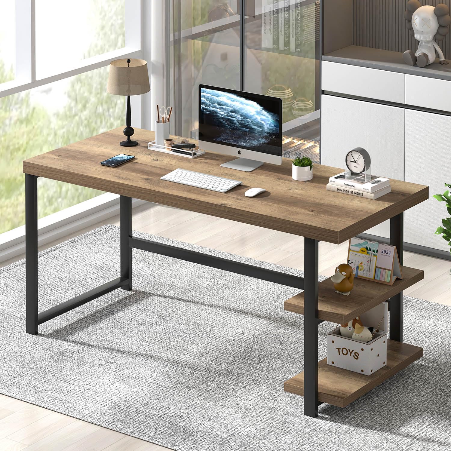 FOLUBAN Computer Desk, Modern Home Office Desk with Storage Shelves, Writing Study Gaming Table for Living Room Bedroom, Rustic Oak, 53 Inch