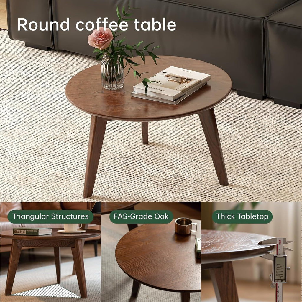 23.62" Walnut Solid Oak Round Mini Coffee Side Table with Wood Legs, Mid Century Accent Table for Living Room Bedroom Balcony